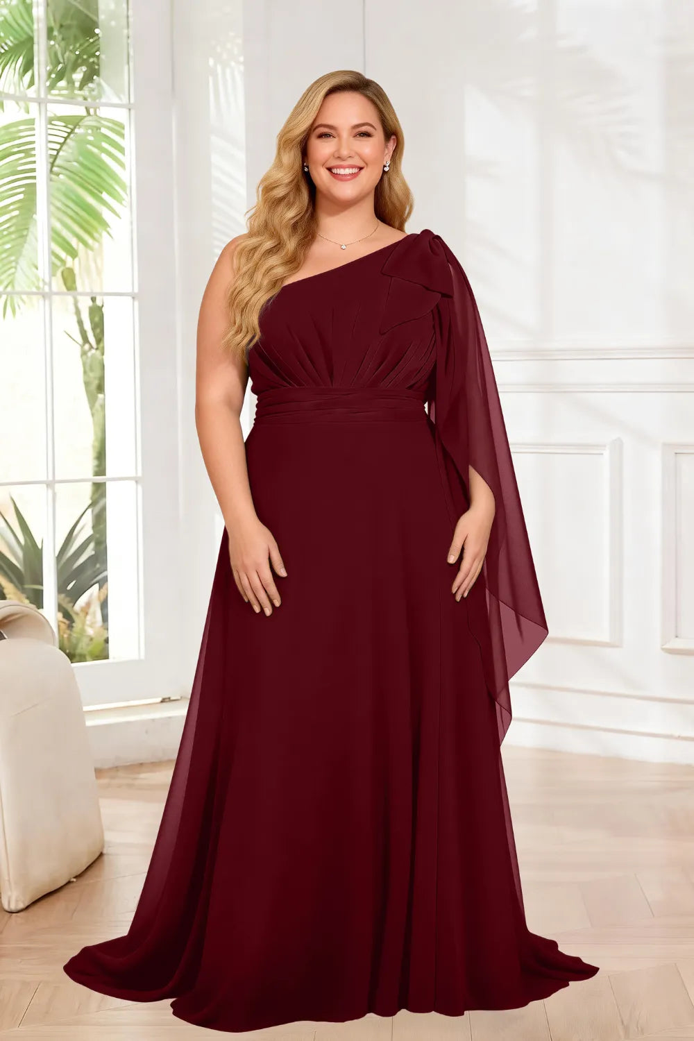 One Shoulder Ruched Waist Cape Sleeve A-Line Maxi Dress