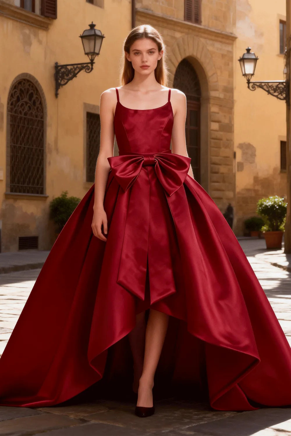 High Low Satin Evening Gown Elegant Bow Detail