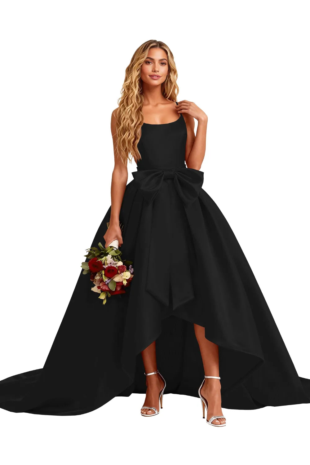 High Low Satin Evening Gown Elegant Bow Detail