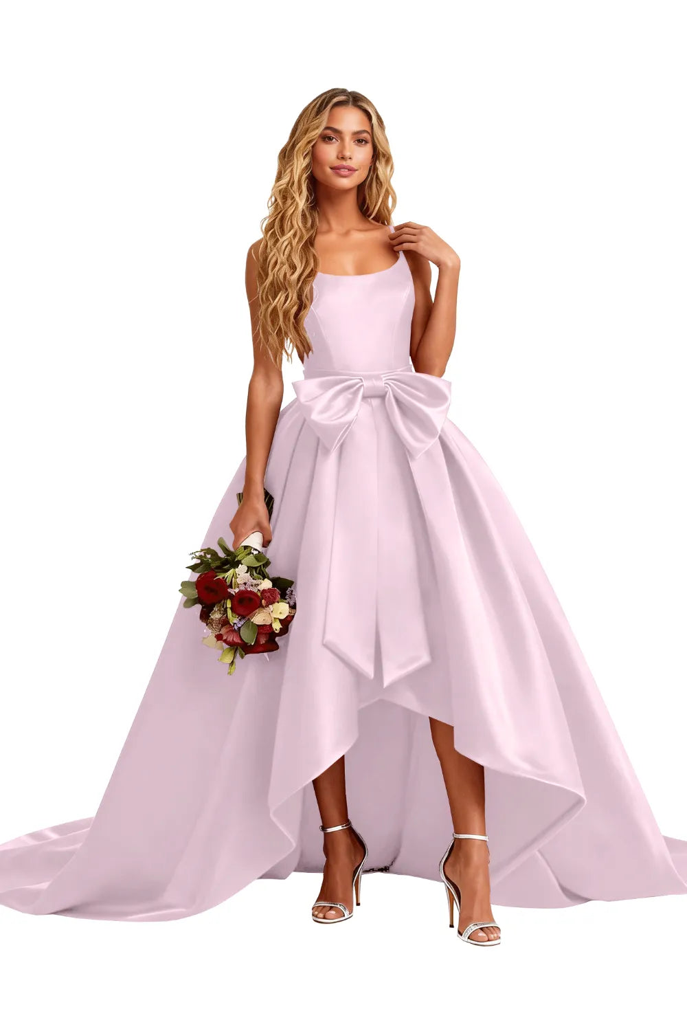 High Low Satin Evening Gown Elegant Bow Detail