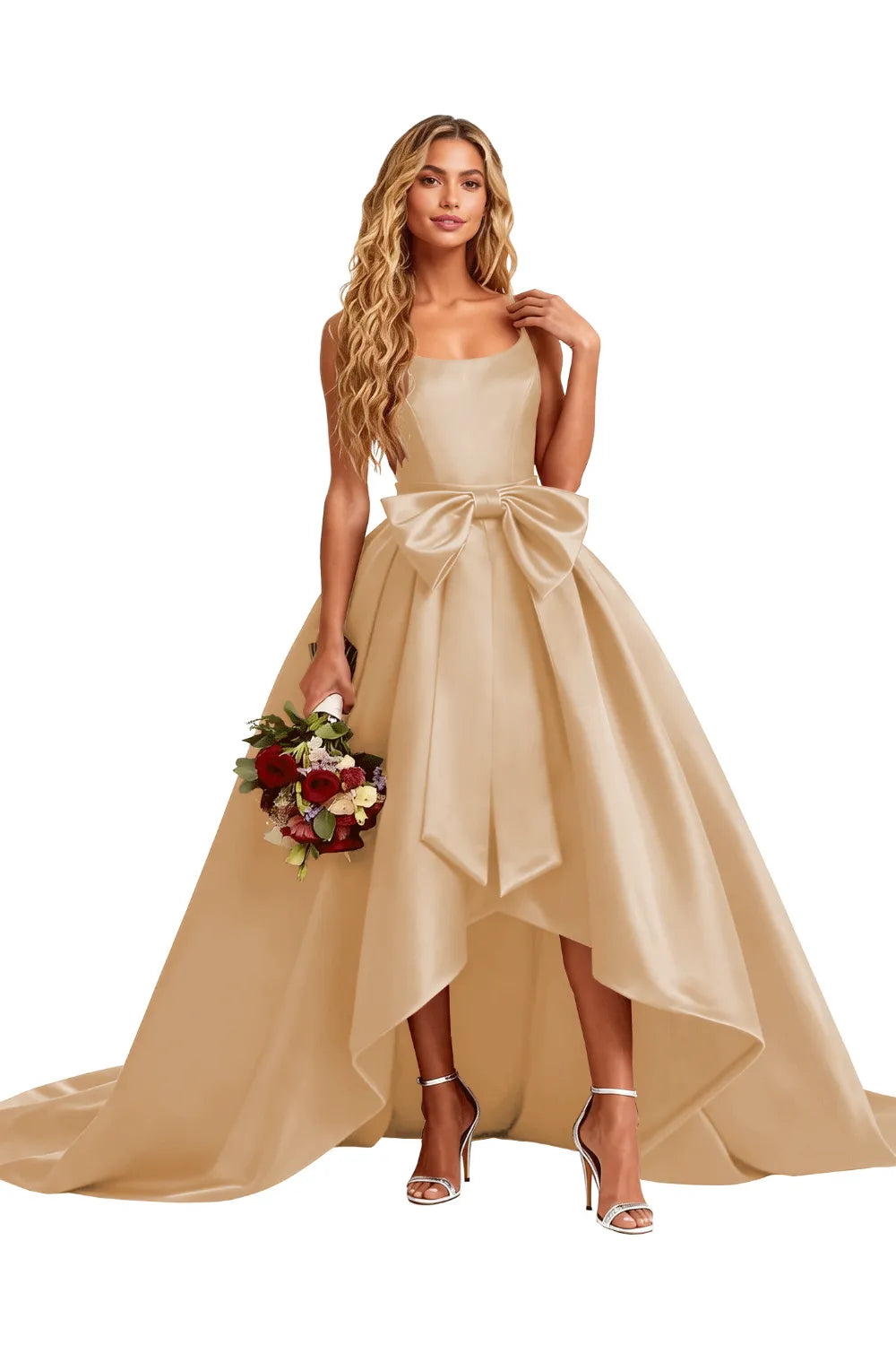 High Low Satin Evening Gown Elegant Bow Detail