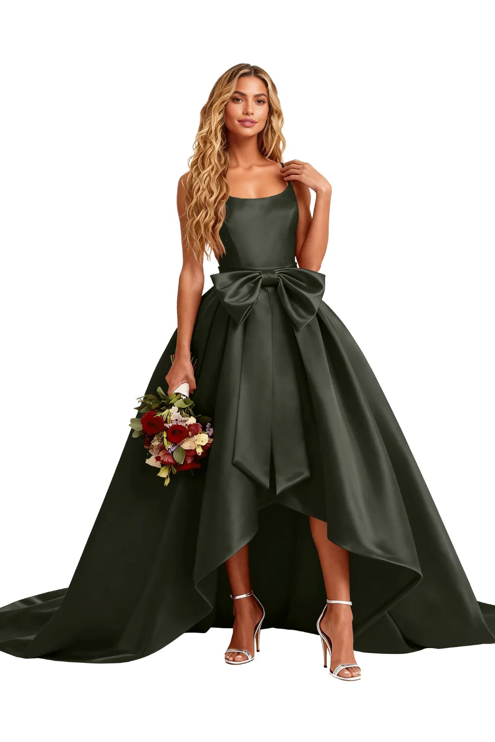 High Low Satin Evening Gown Elegant Bow Detail
