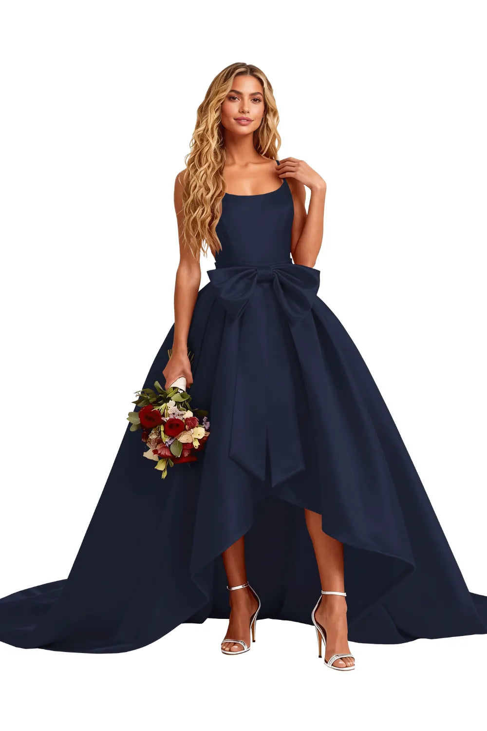 High Low Satin Evening Gown Elegant Bow Detail