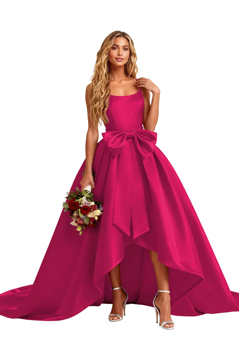 High Low Satin Evening Gown Elegant Bow Detail