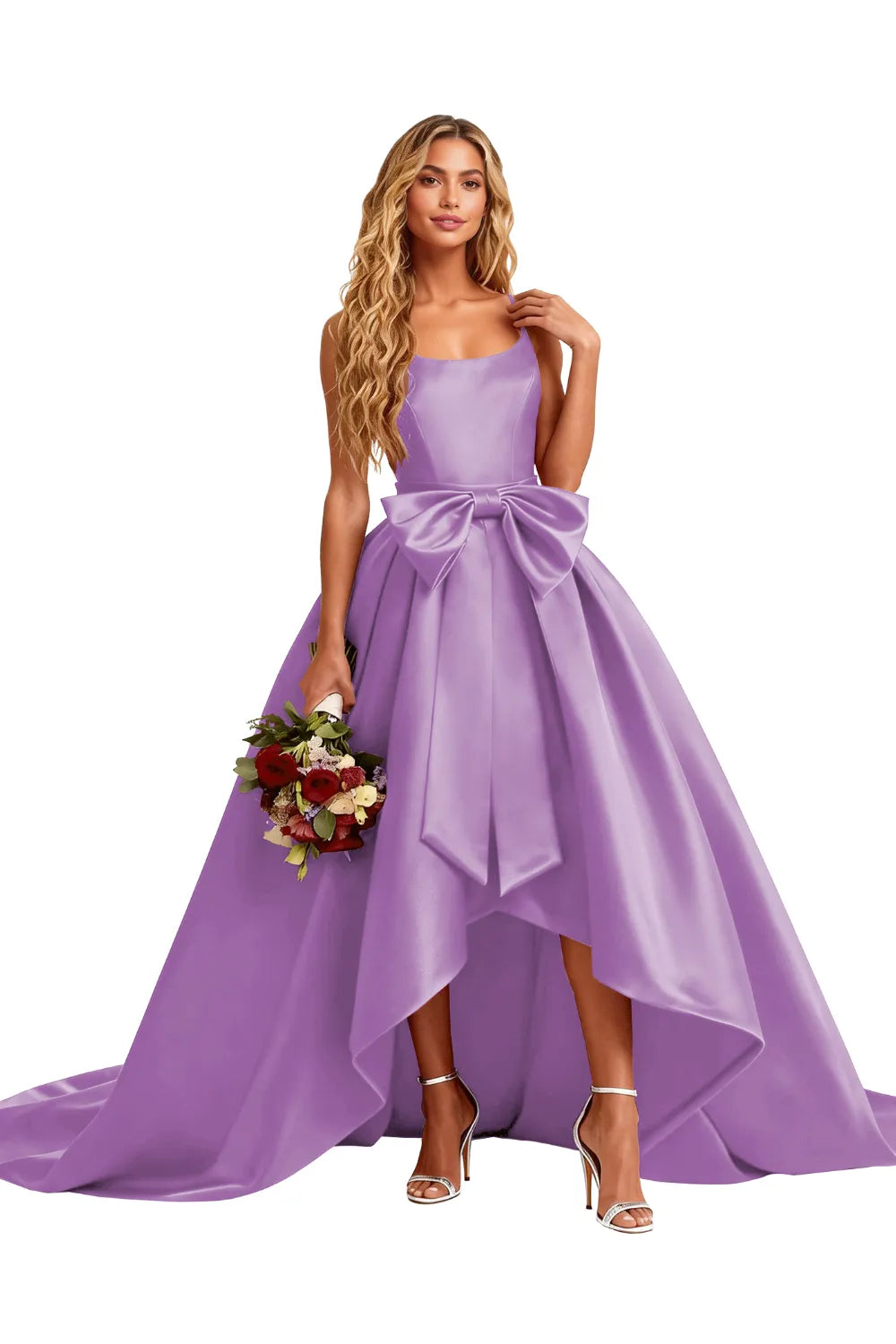High Low Satin Evening Gown Elegant Bow Detail