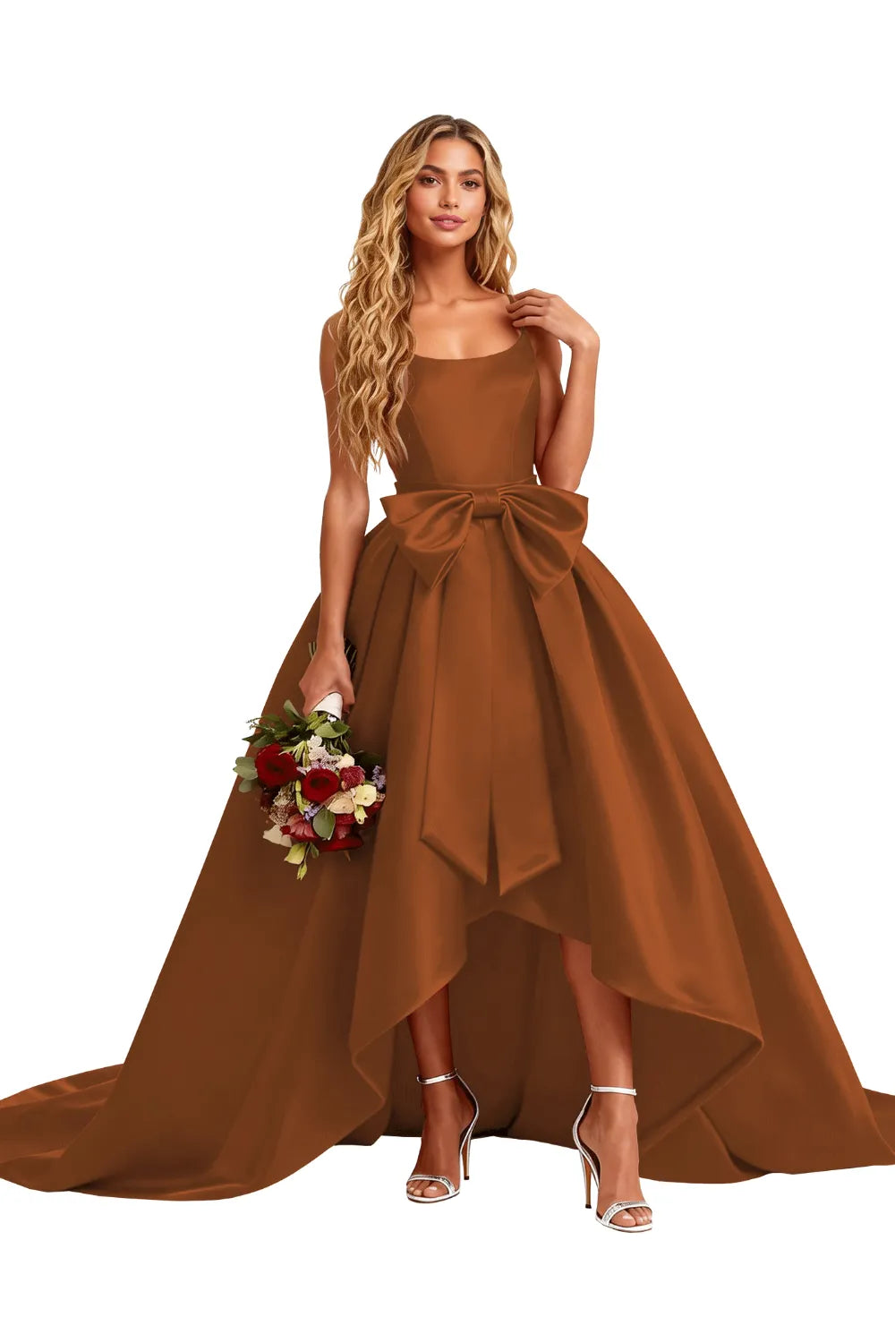 High Low Satin Evening Gown Elegant Bow Detail