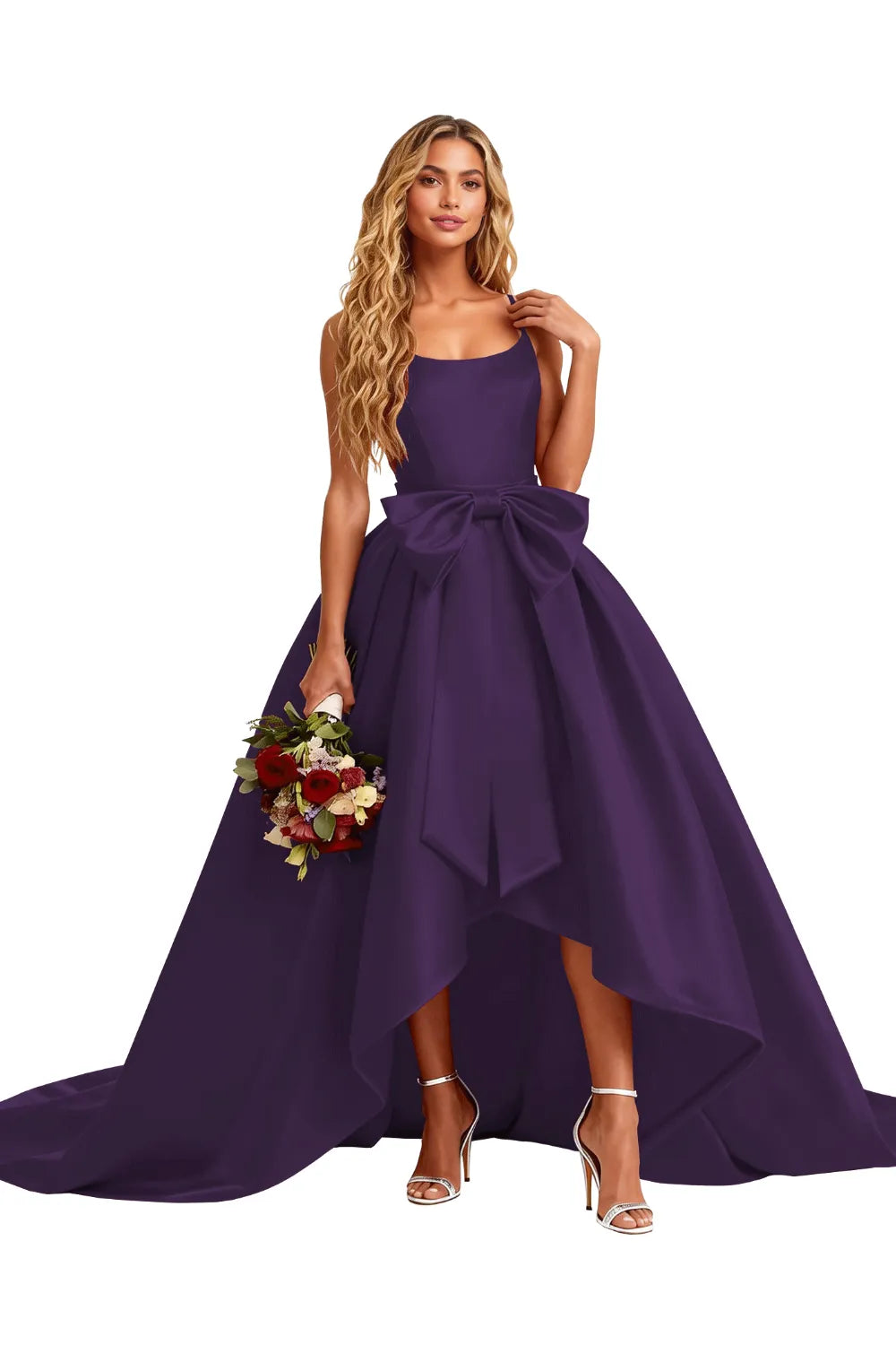High Low Satin Evening Gown Elegant Bow Detail