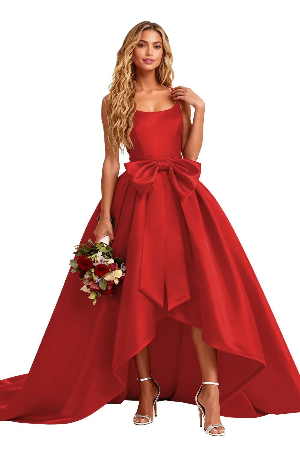 High Low Satin Evening Gown Elegant Bow Detail