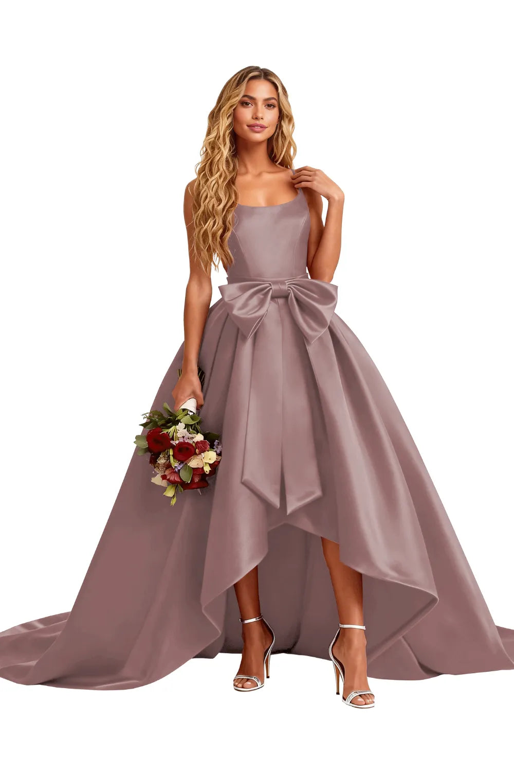 High Low Satin Evening Gown Elegant Bow Detail