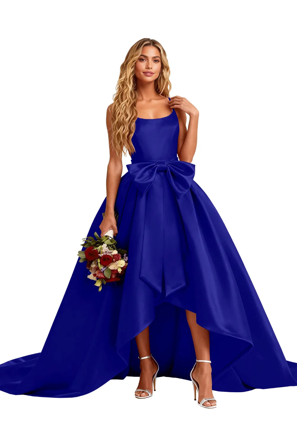 High Low Satin Evening Gown Elegant Bow Detail