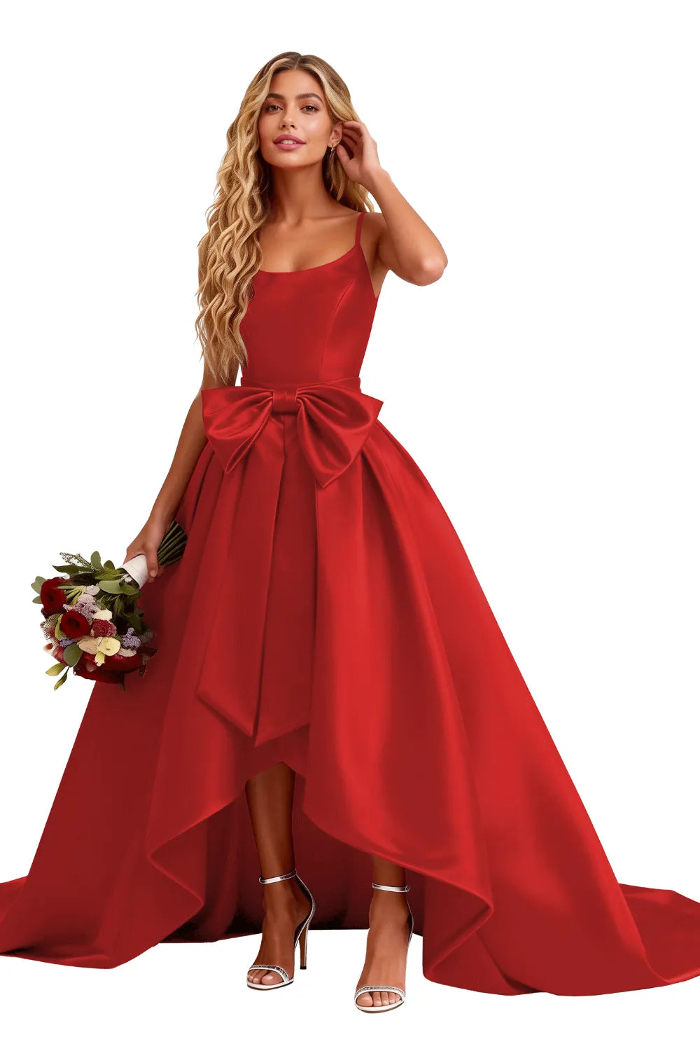 High Low Satin Evening Gown Elegant Bow Detail