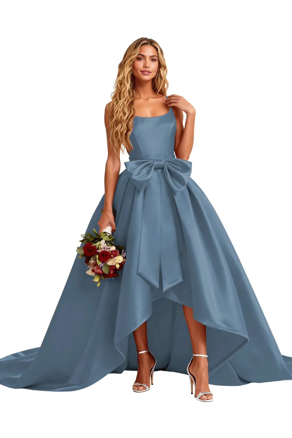 High Low Satin Evening Gown Elegant Bow Detail
