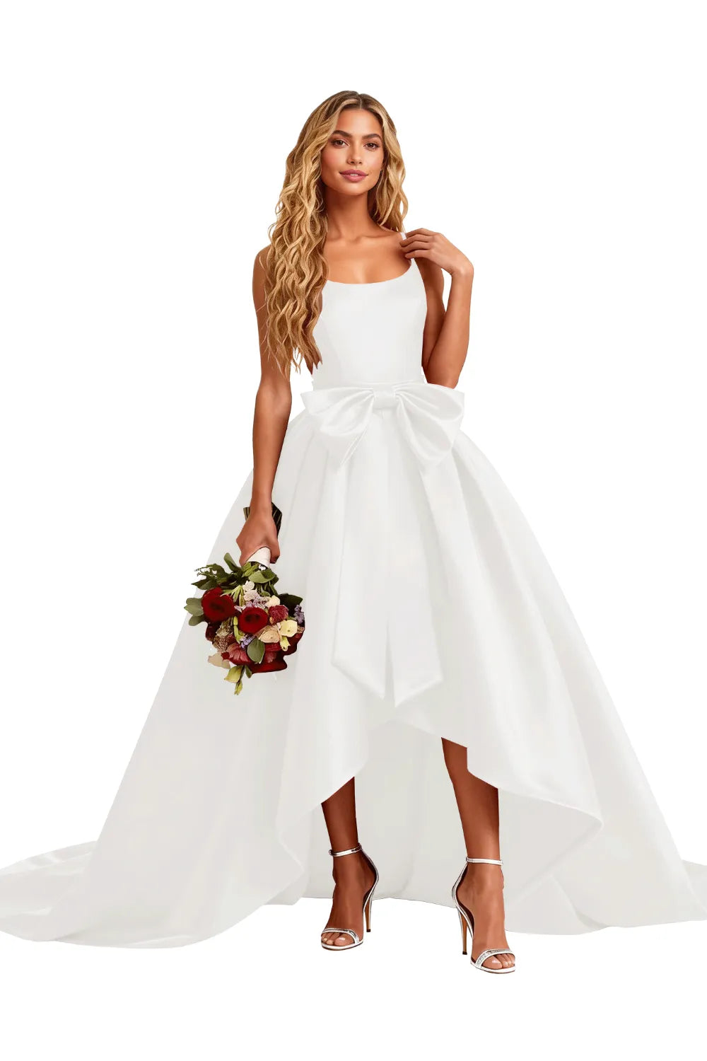 High Low Satin Evening Gown Elegant Bow Detail