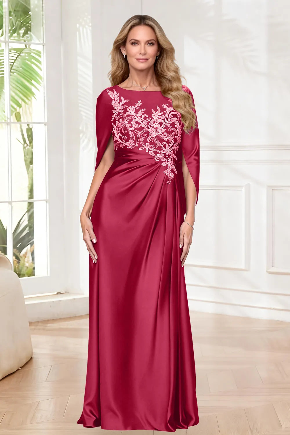 Mother Of The Bride Dress Elegant Satin Cape Evening Gown| Shdowarth®