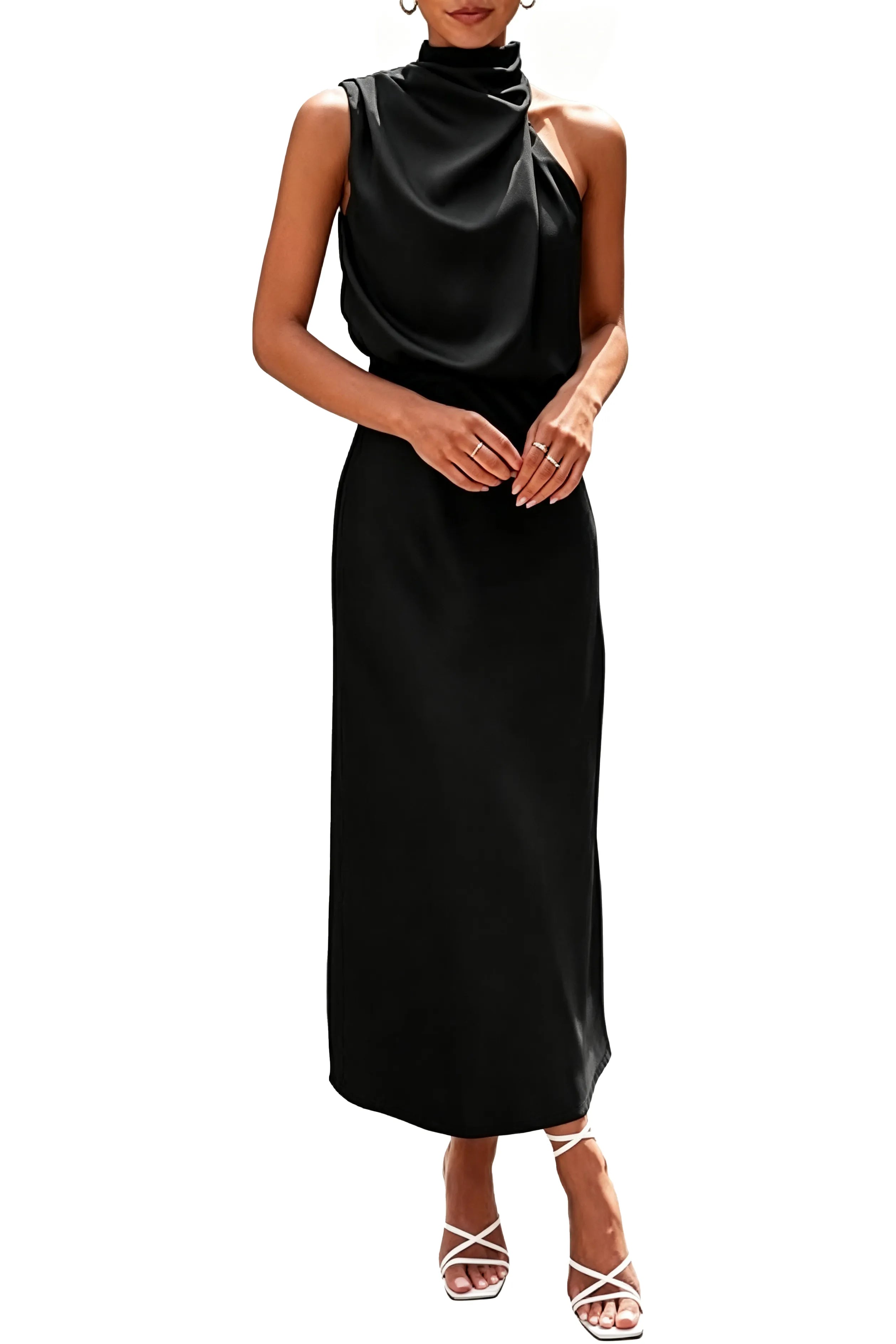 Draped High Neck Satin Midi Dress