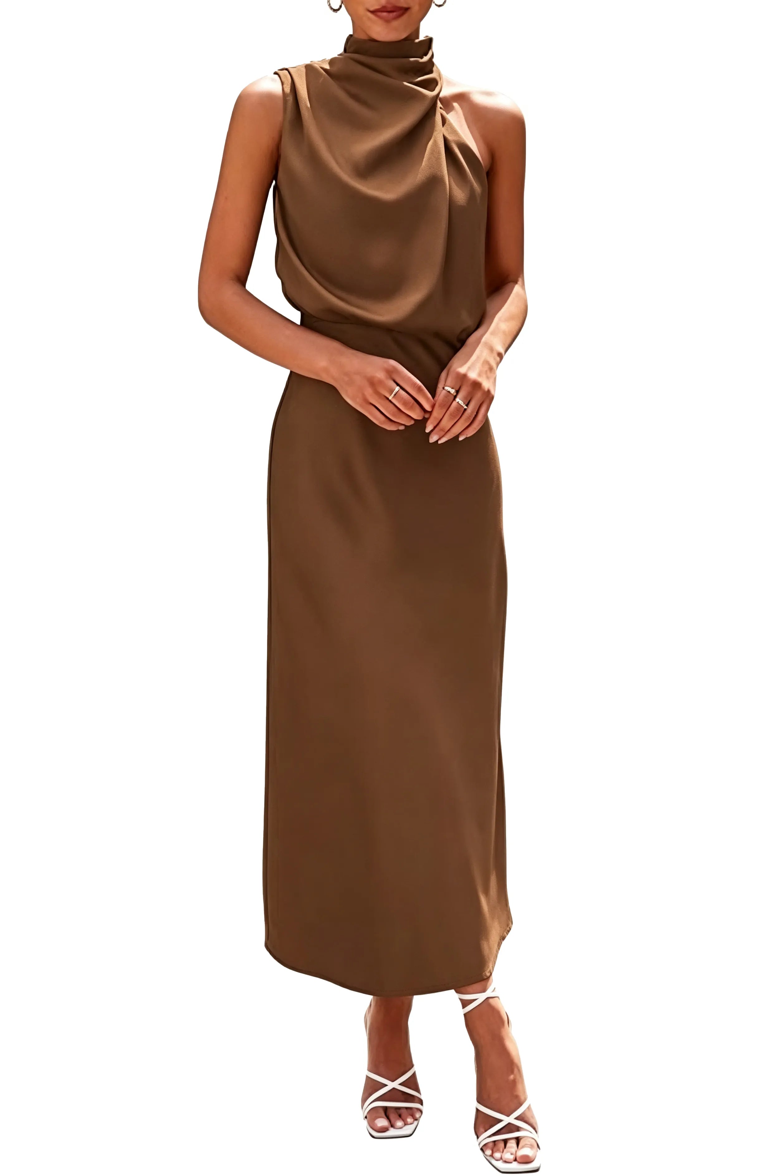 Draped High Neck Satin Midi Dress