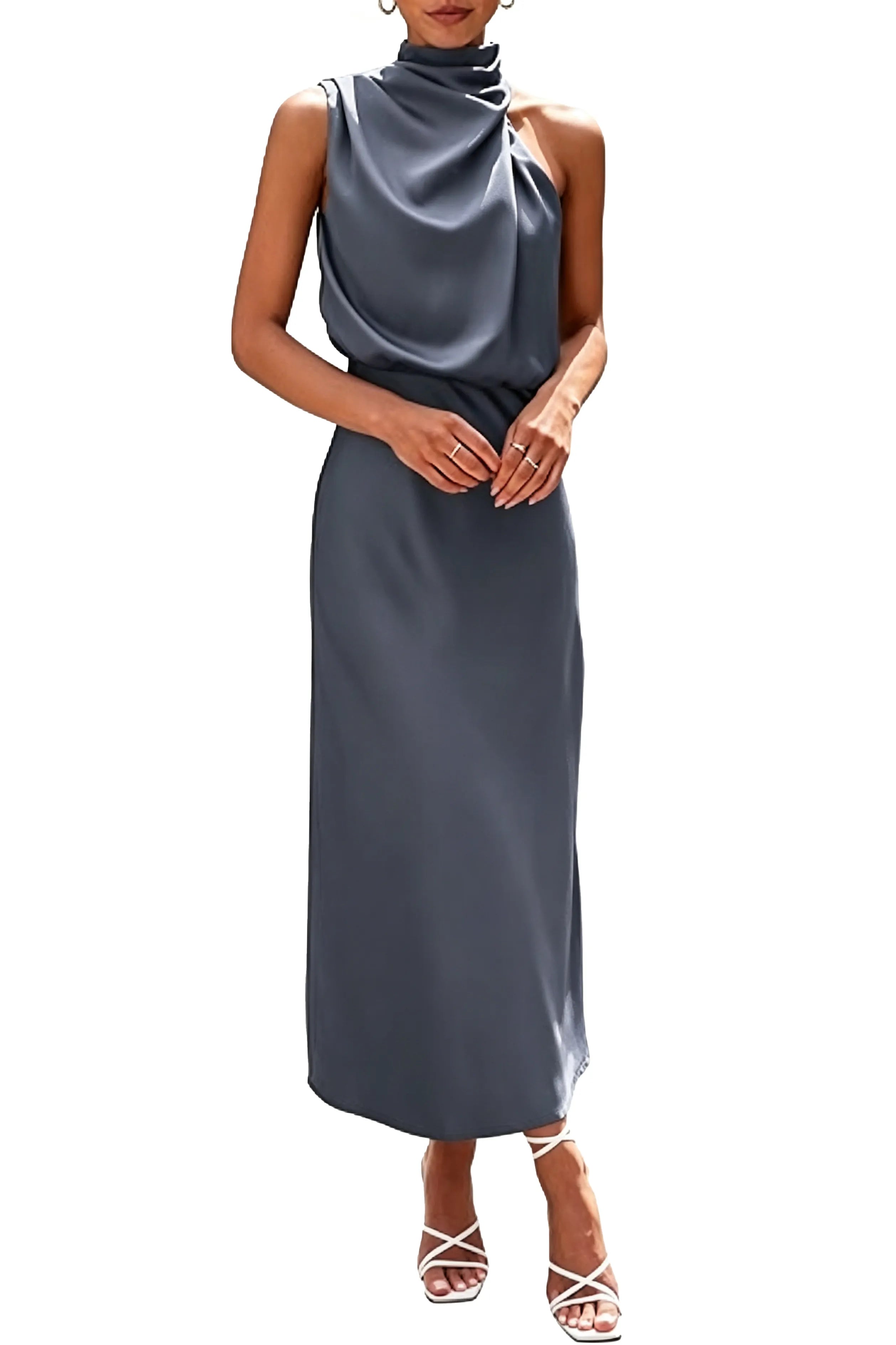 Draped High Neck Satin Midi Dress