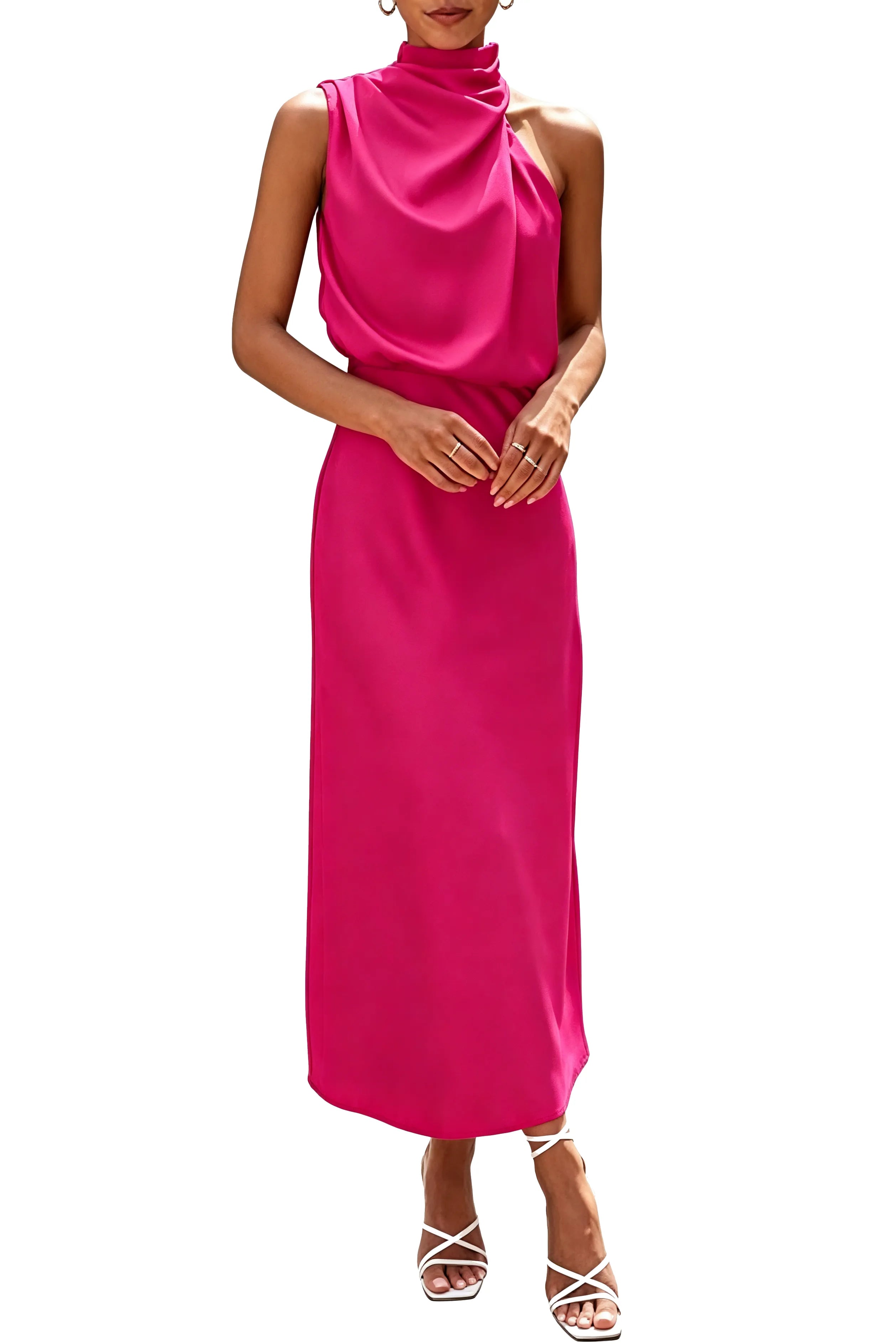 Draped High Neck Satin Midi Dress