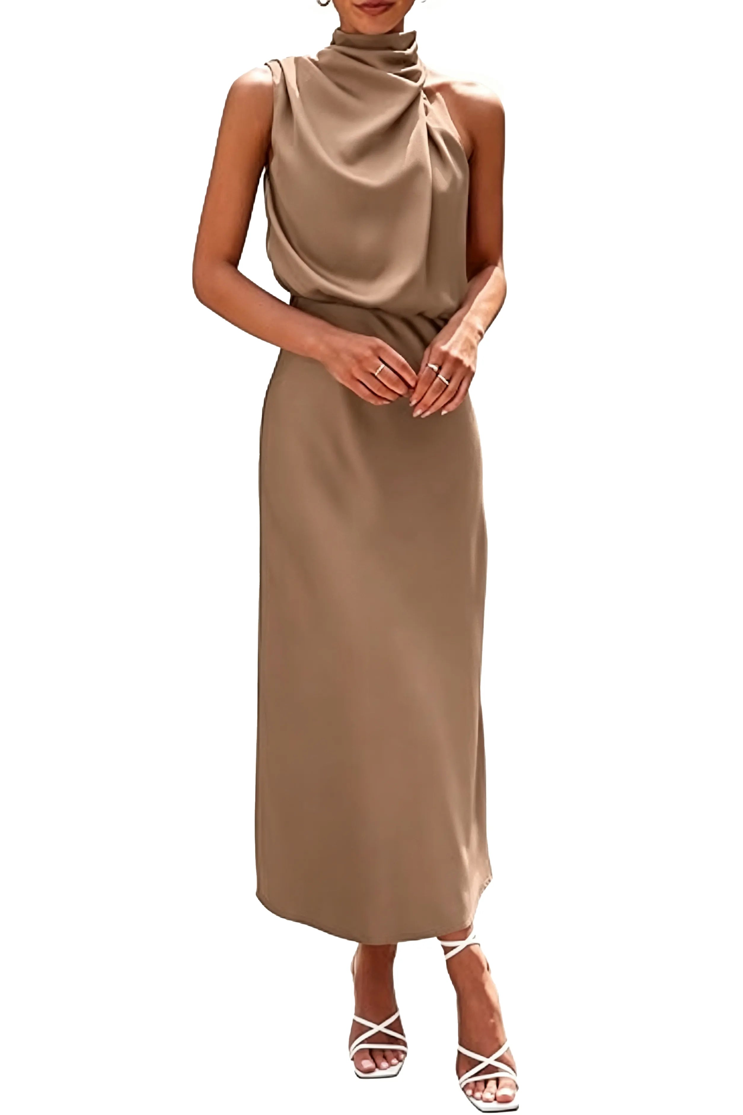 Draped High Neck Satin Midi Dress
