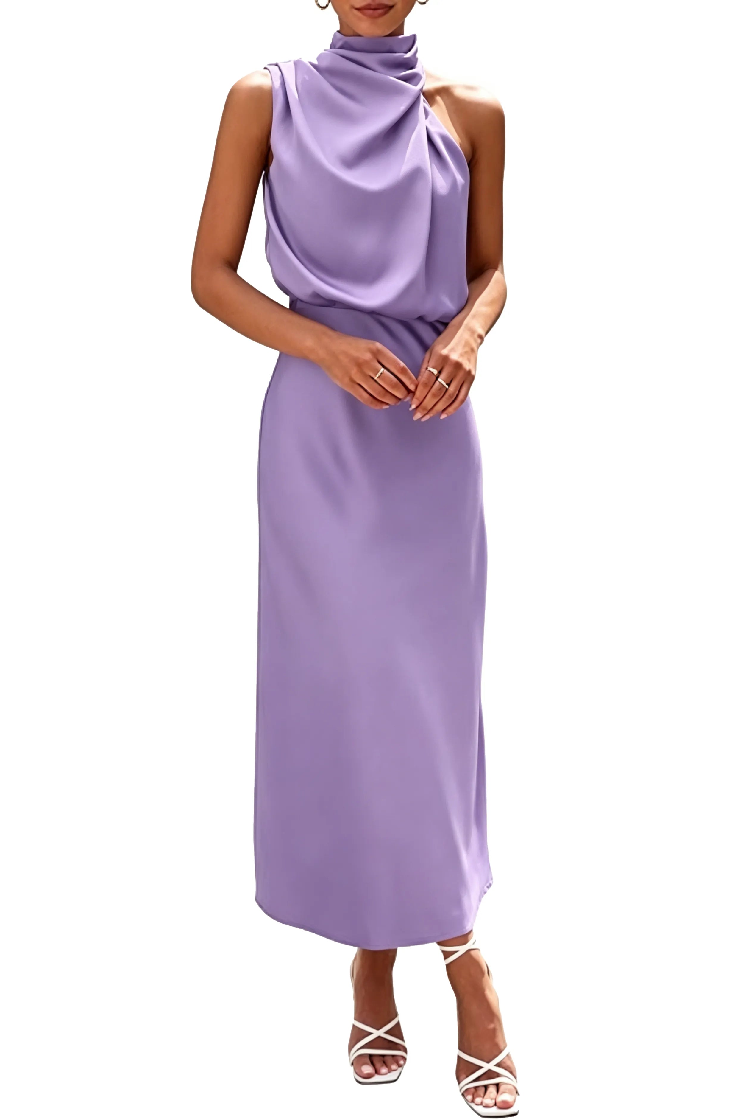 Draped High Neck Satin Midi Dress
