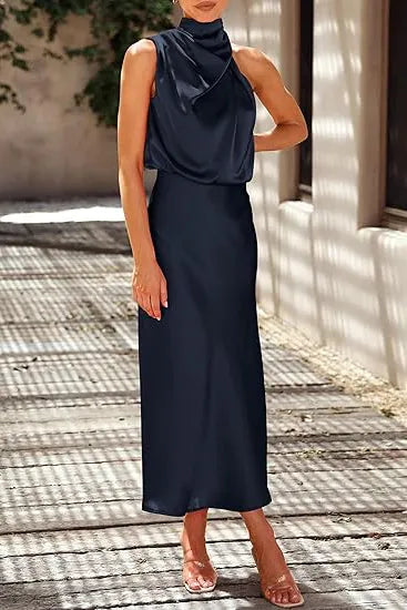 Draped High Neck Satin Midi Dress