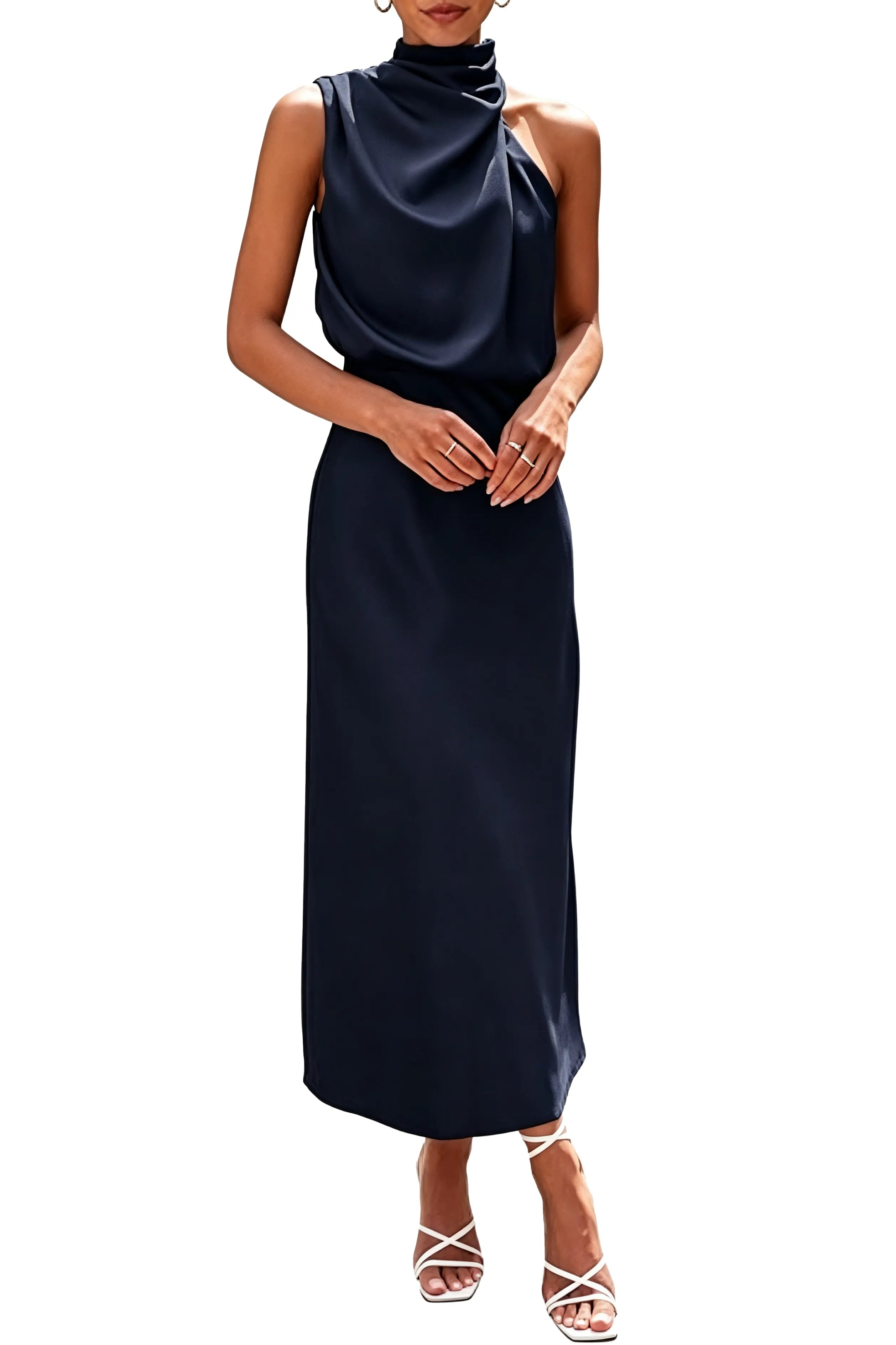 Draped High Neck Satin Midi Dress
