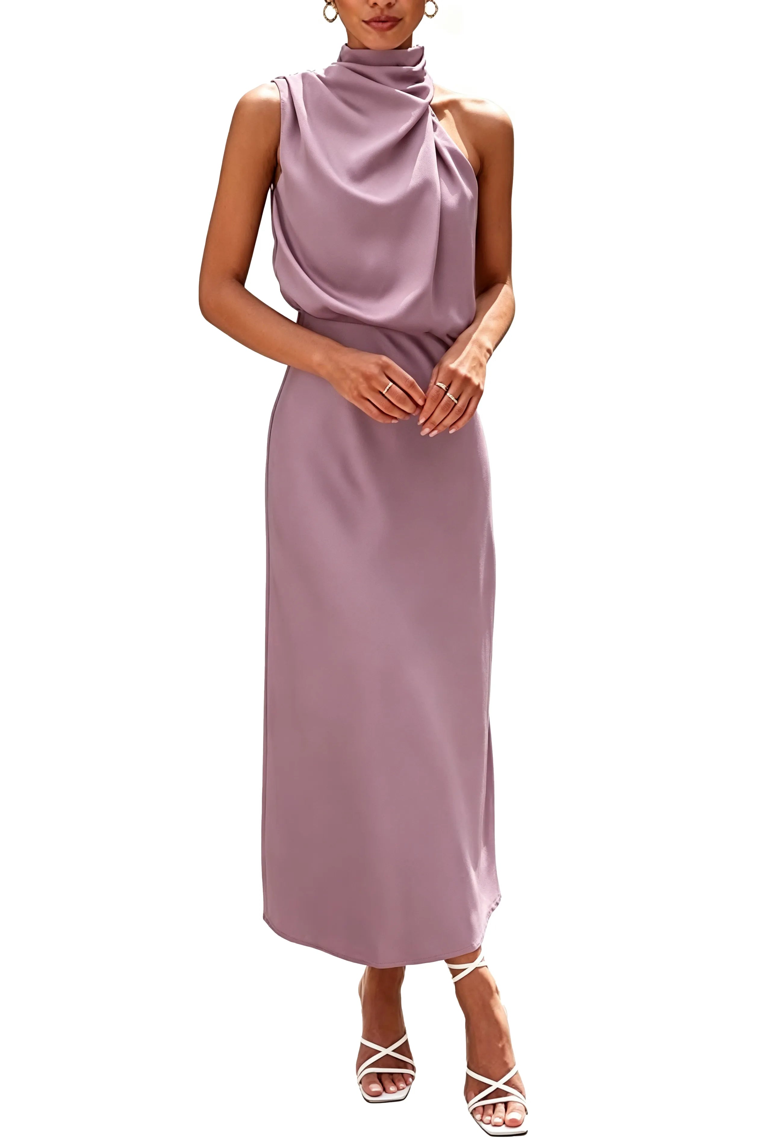Draped High Neck Satin Midi Dress