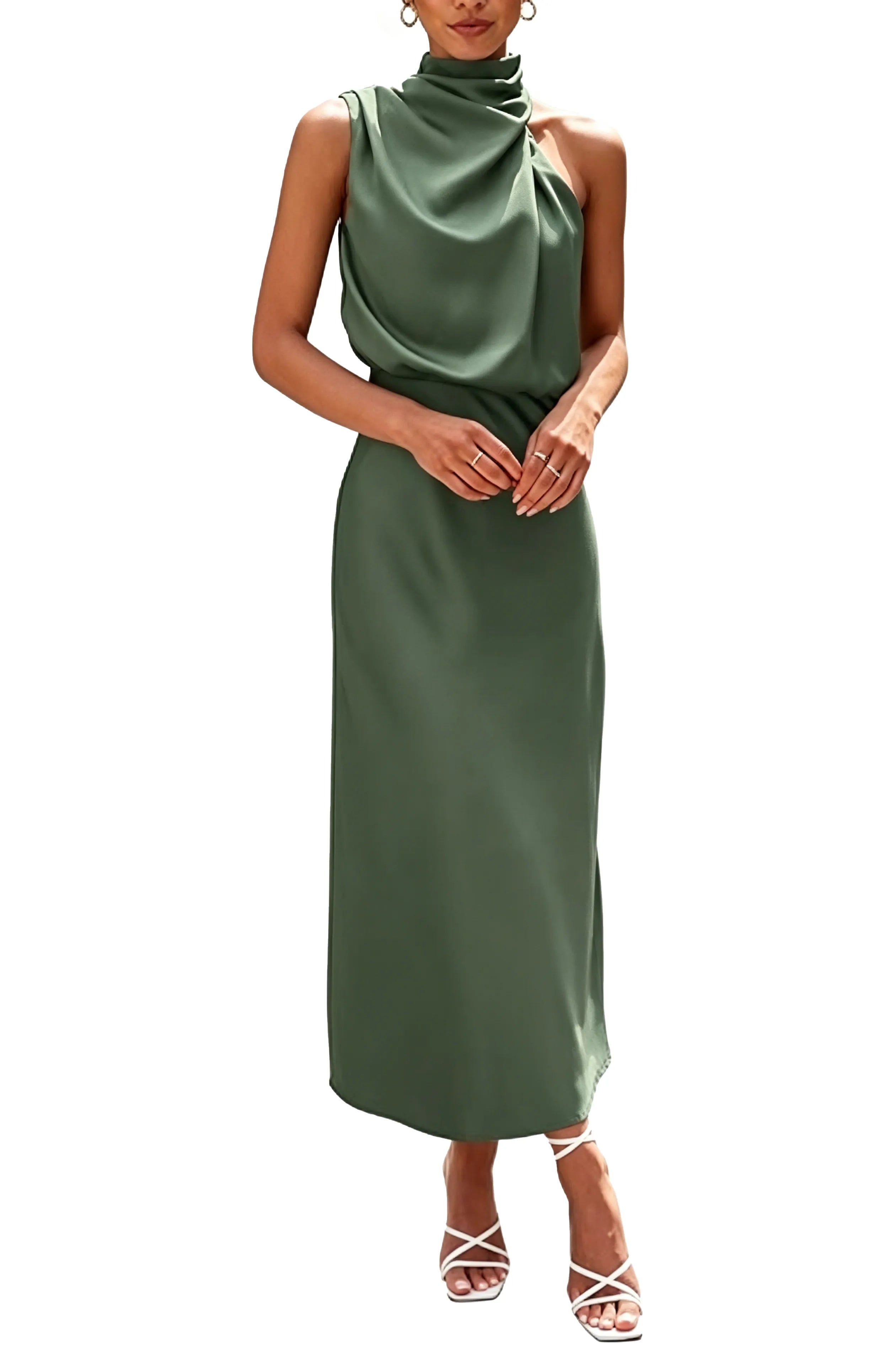 Draped High Neck Satin Midi Dress