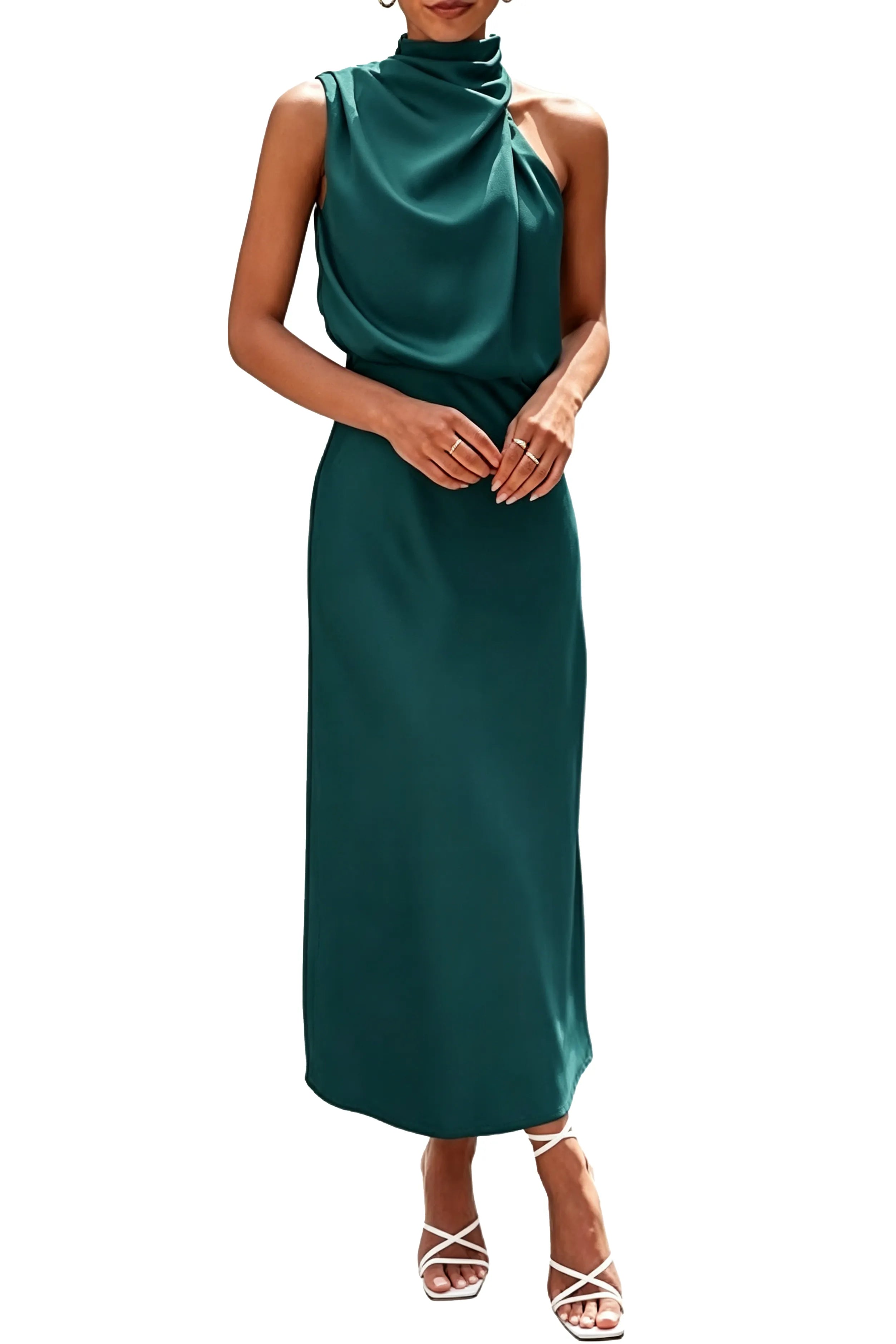 Draped High Neck Satin Midi Dress