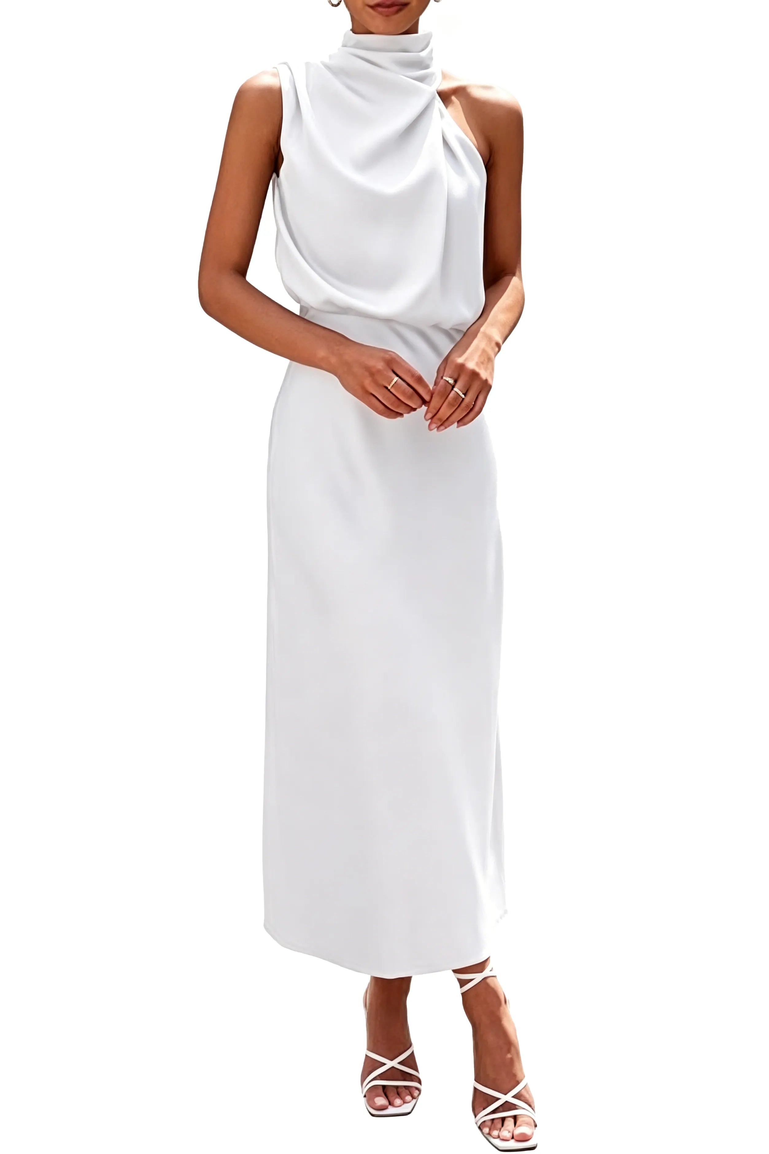 Draped High Neck Satin Midi Dress