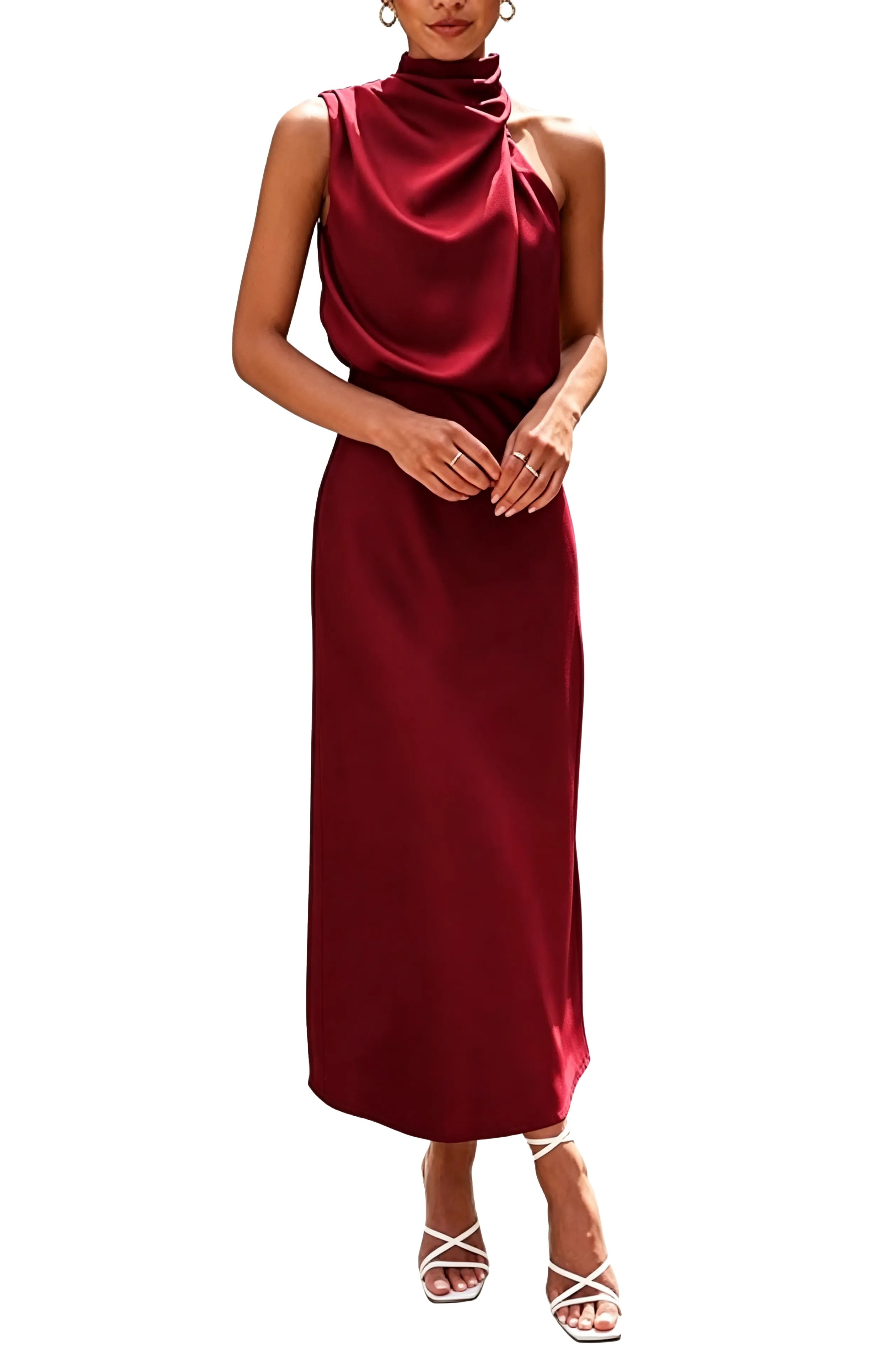 Draped High Neck Satin Midi Dress