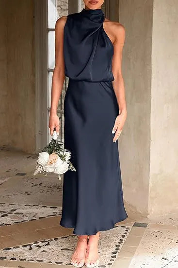 Draped High Neck Satin Midi Dress