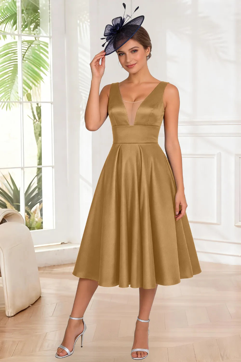 Elegant A-Line V-Neck Midi Dress