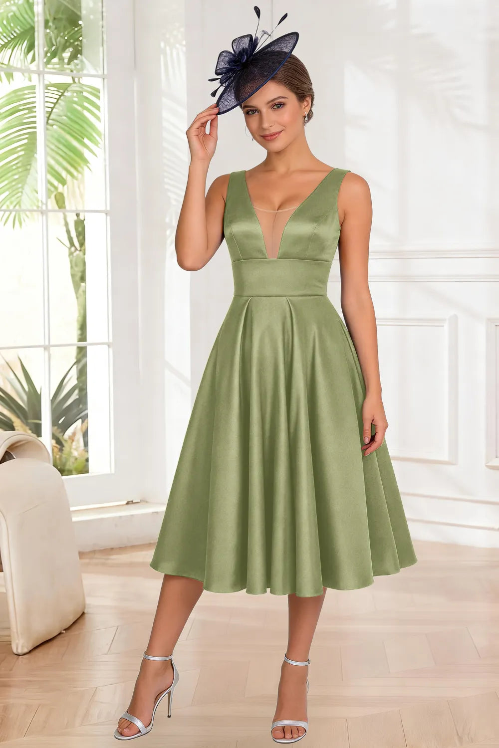 Elegant A-Line V-Neck Midi Dress