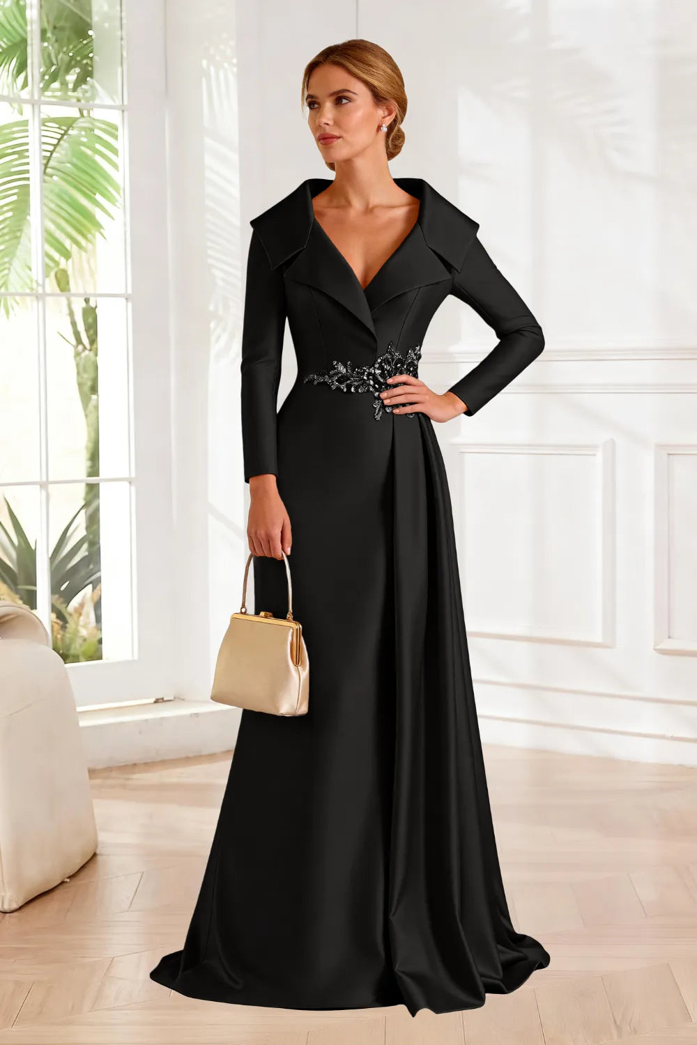 Structured Lapel Embroidered Draped Evening Gown