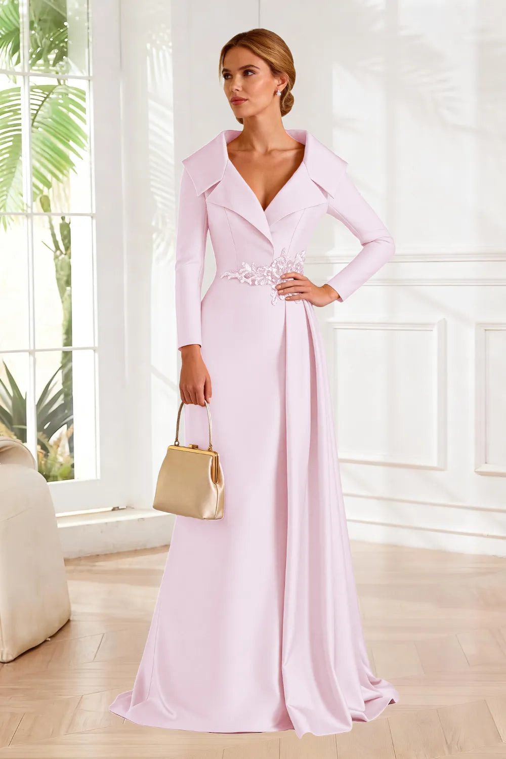 Structured Lapel Embroidered Draped Evening Gown