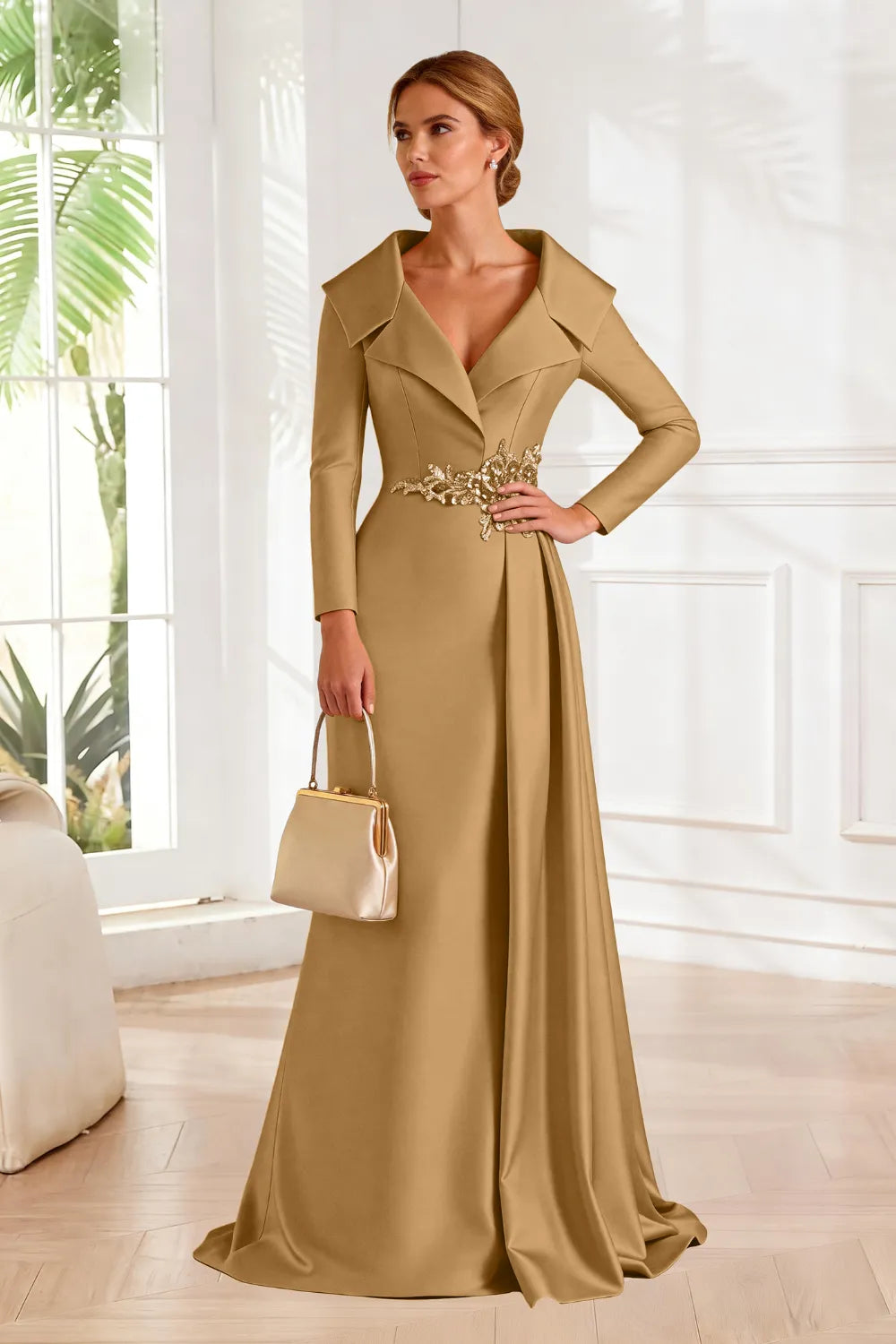 Structured Lapel Embroidered Draped Evening Gown