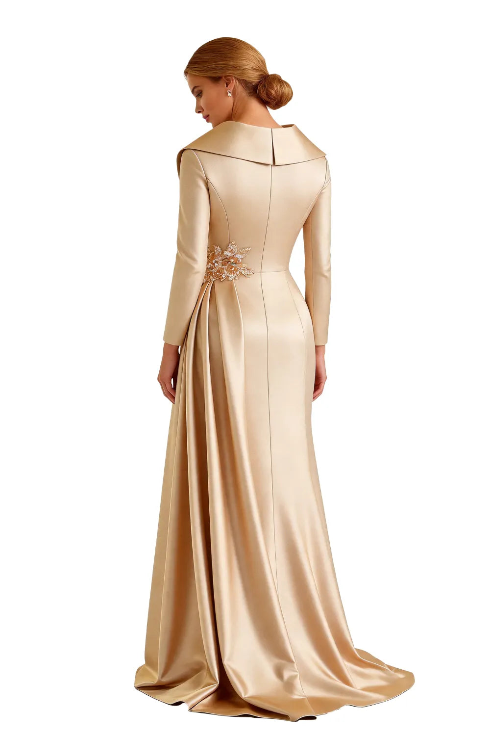 Structured Lapel Embroidered Draped Evening Gown