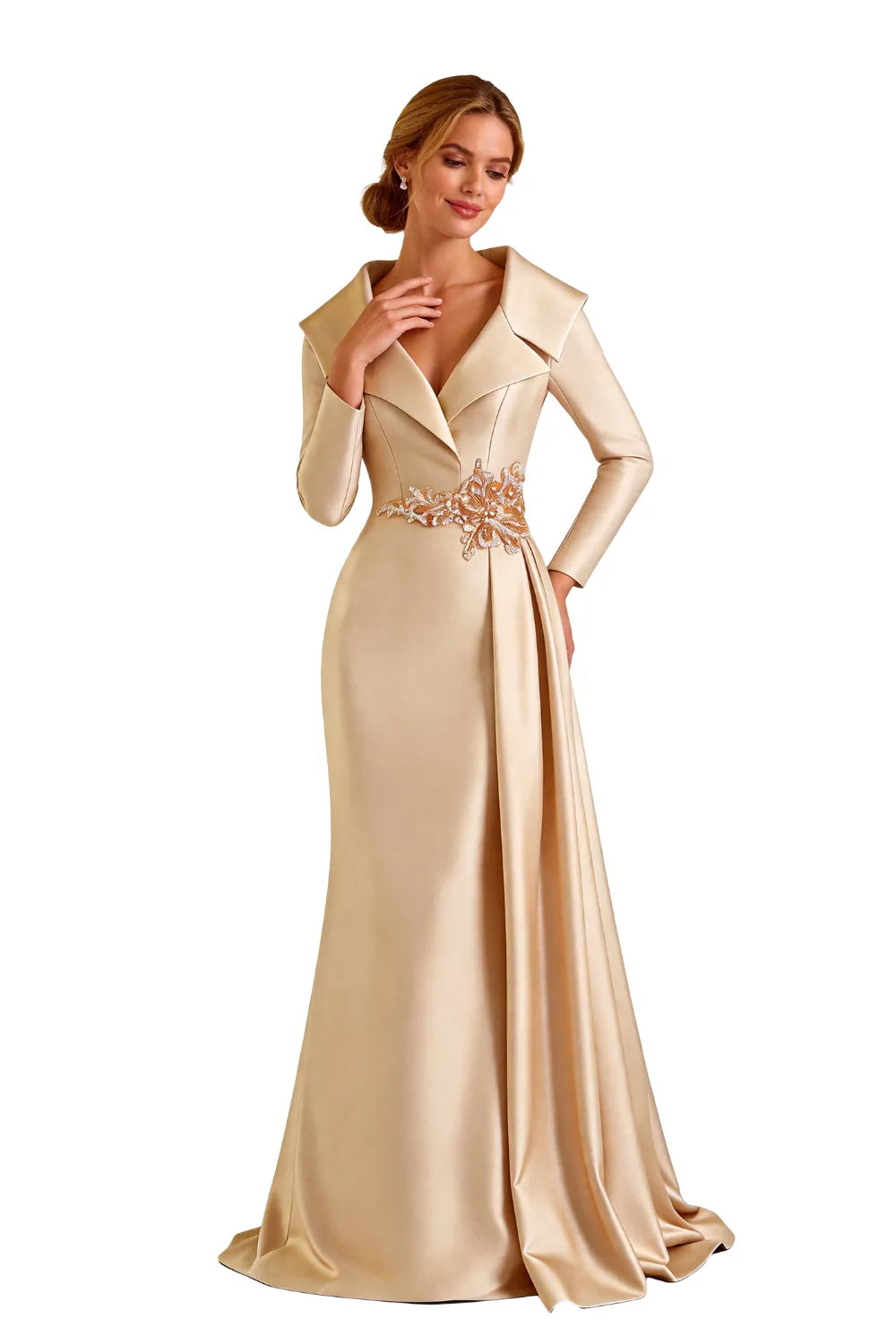 Structured Lapel Embroidered Draped Evening Gown