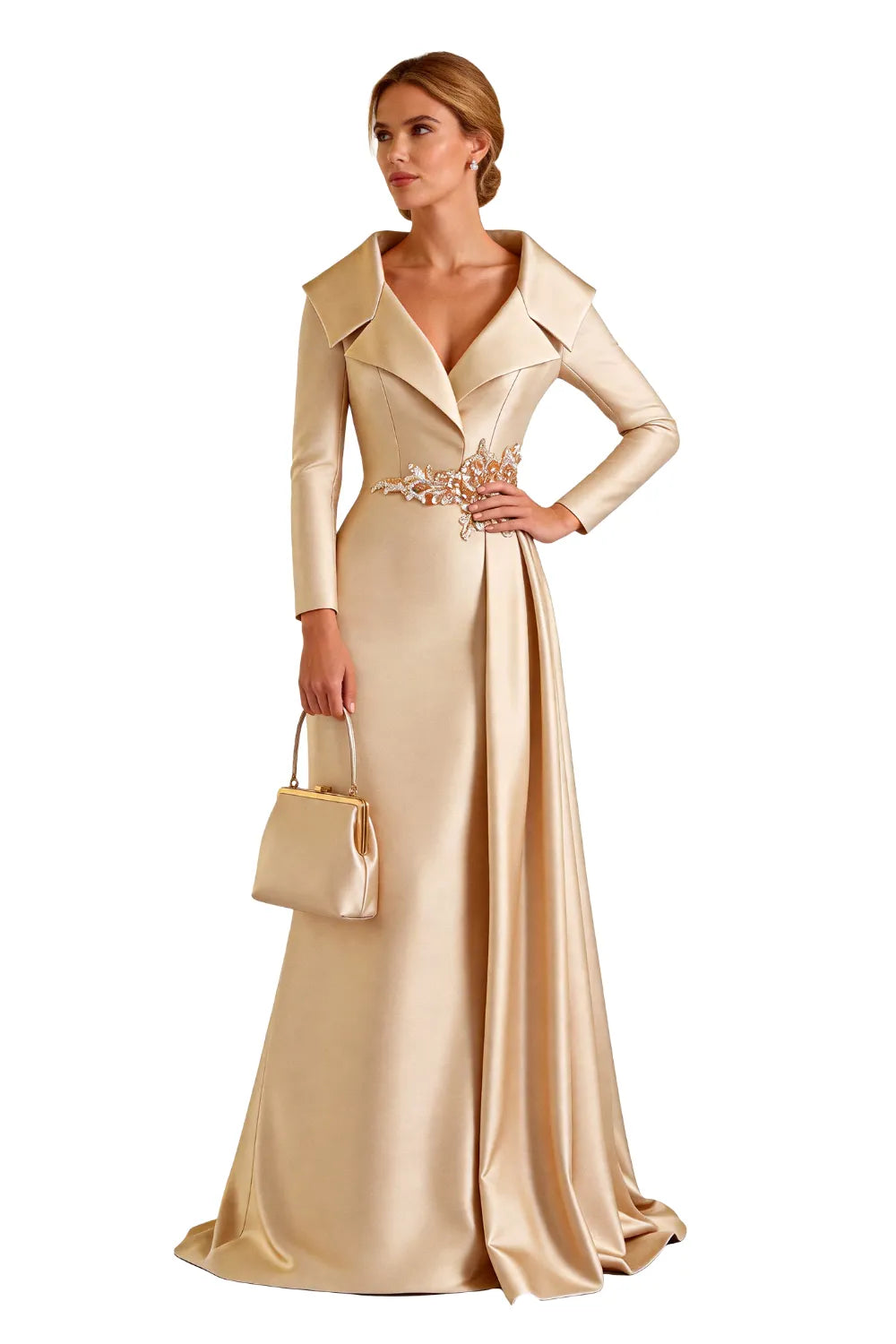 Structured Lapel Embroidered Draped Evening Gown