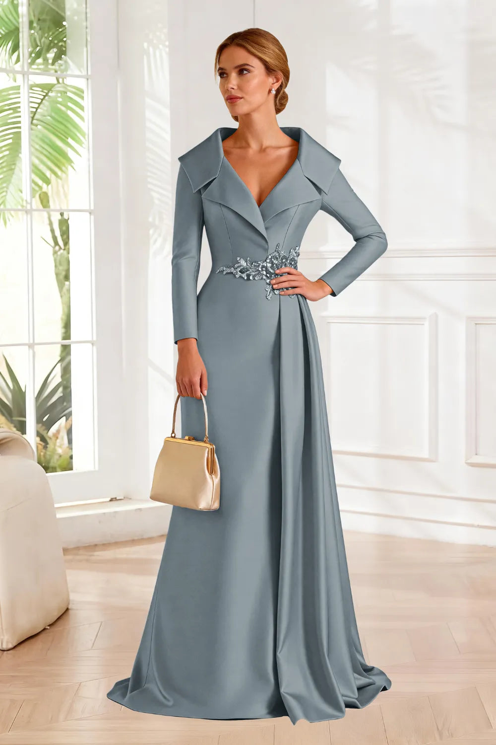 Structured Lapel Embroidered Draped Evening Gown
