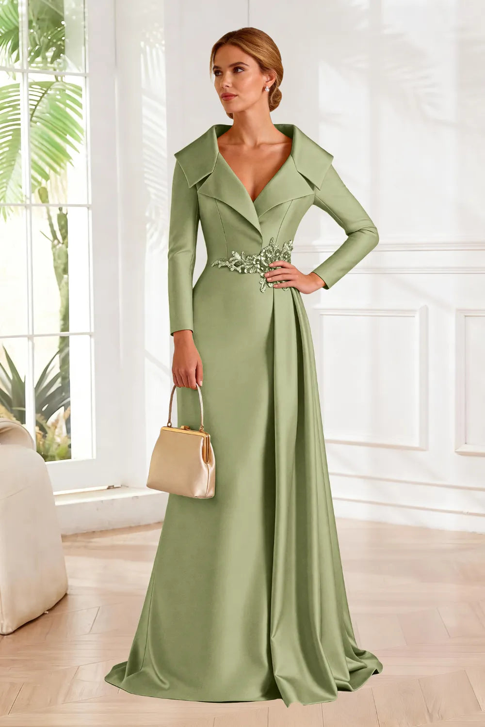 Structured Lapel Embroidered Draped Evening Gown