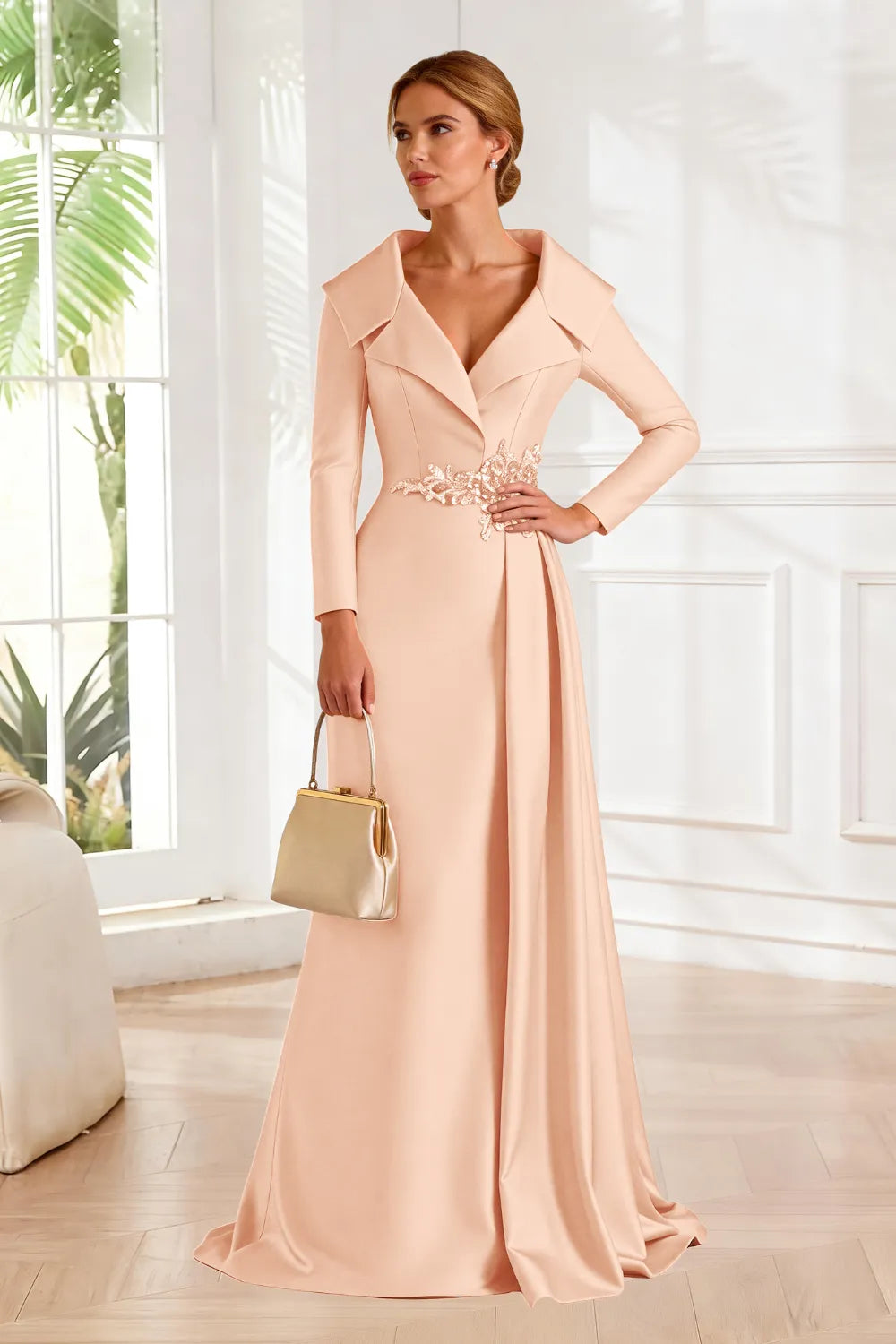 Structured Lapel Embroidered Draped Evening Gown