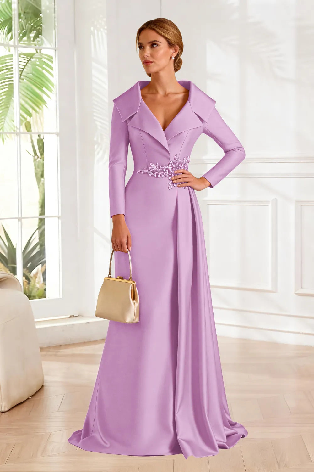 Structured Lapel Embroidered Draped Evening Gown