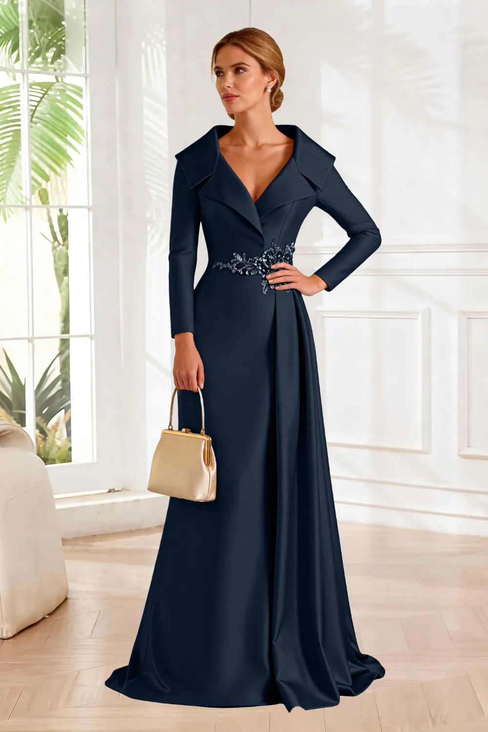 Structured Lapel Embroidered Draped Evening Gown