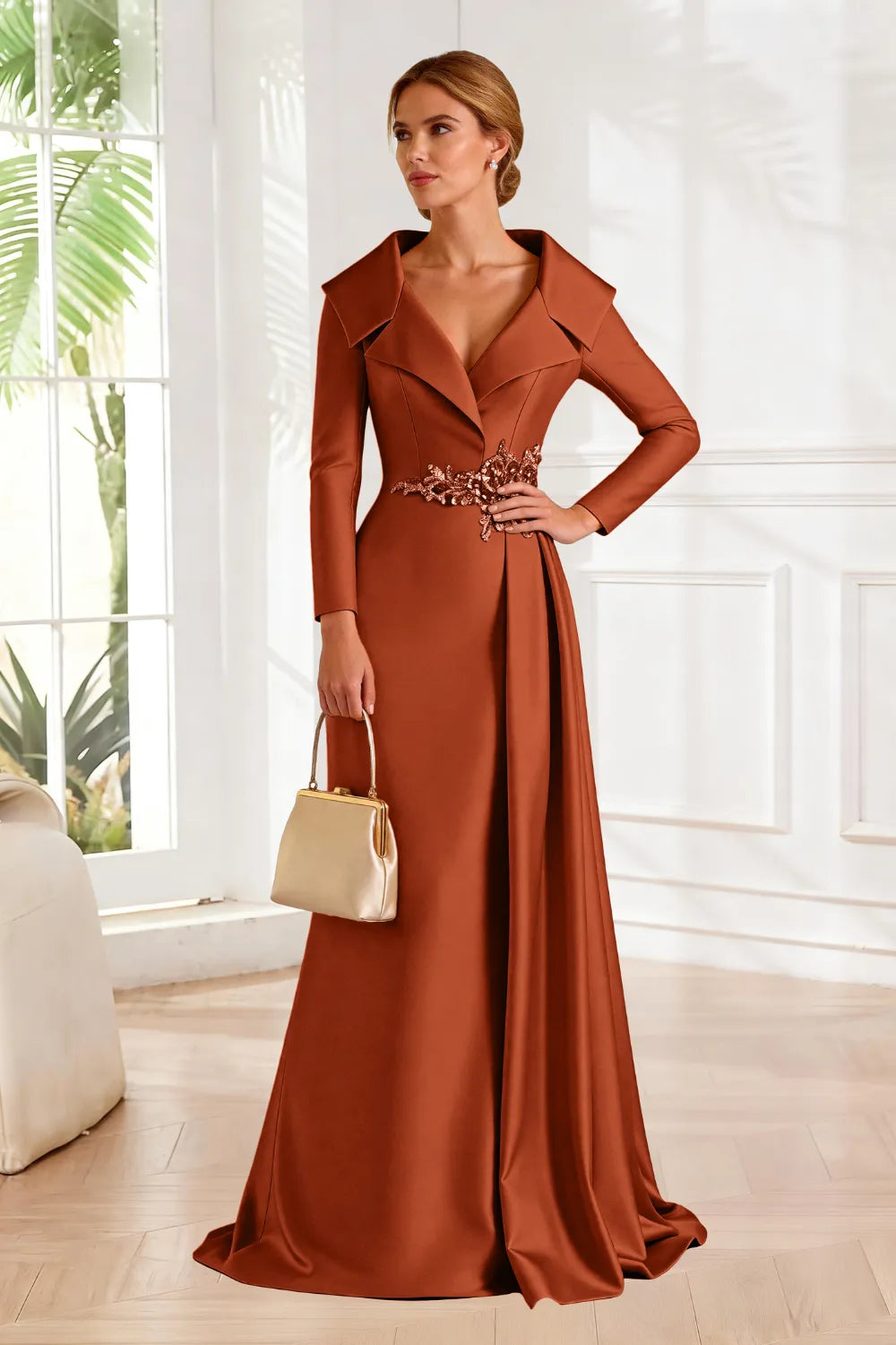 Structured Lapel Embroidered Draped Evening Gown