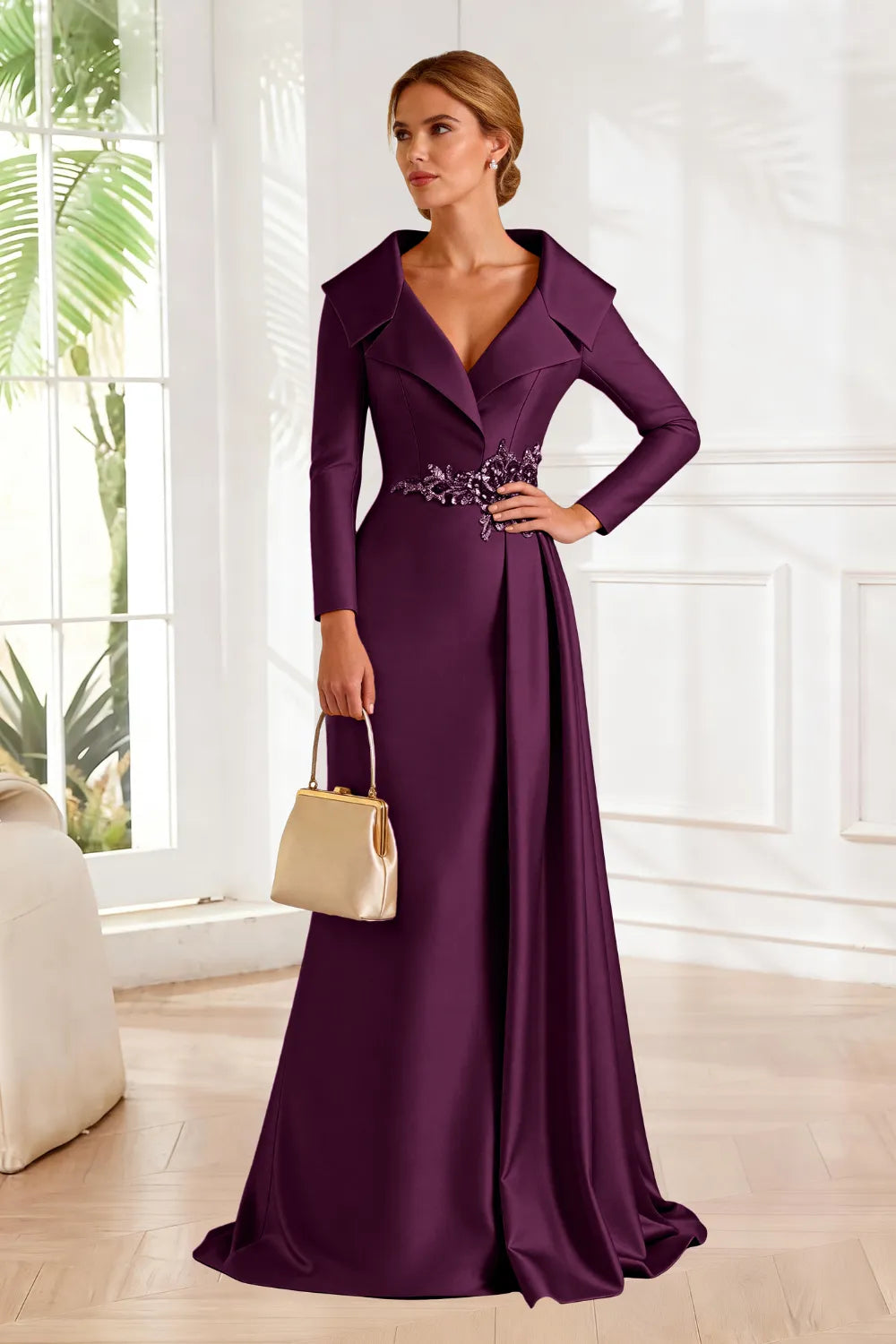 Structured Lapel Embroidered Draped Evening Gown