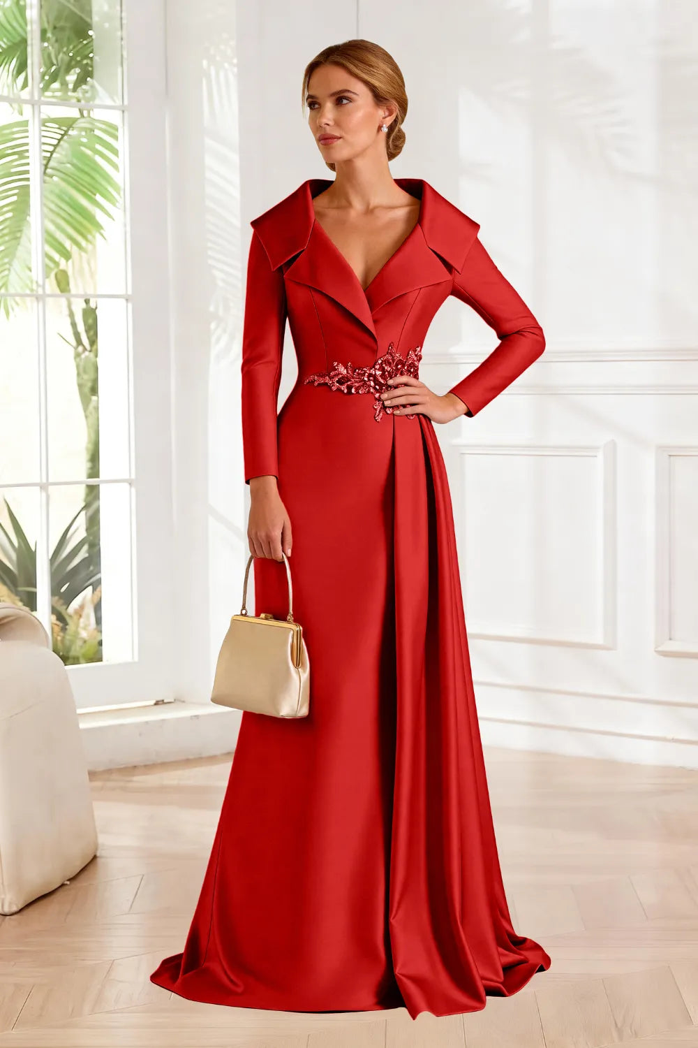 Structured Lapel Embroidered Draped Evening Gown