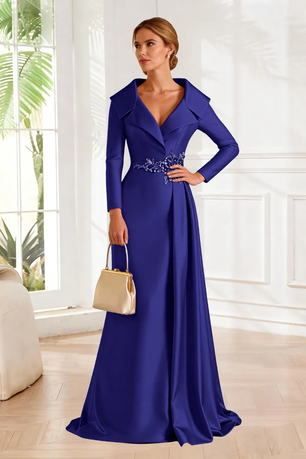 Structured Lapel Embroidered Draped Evening Gown