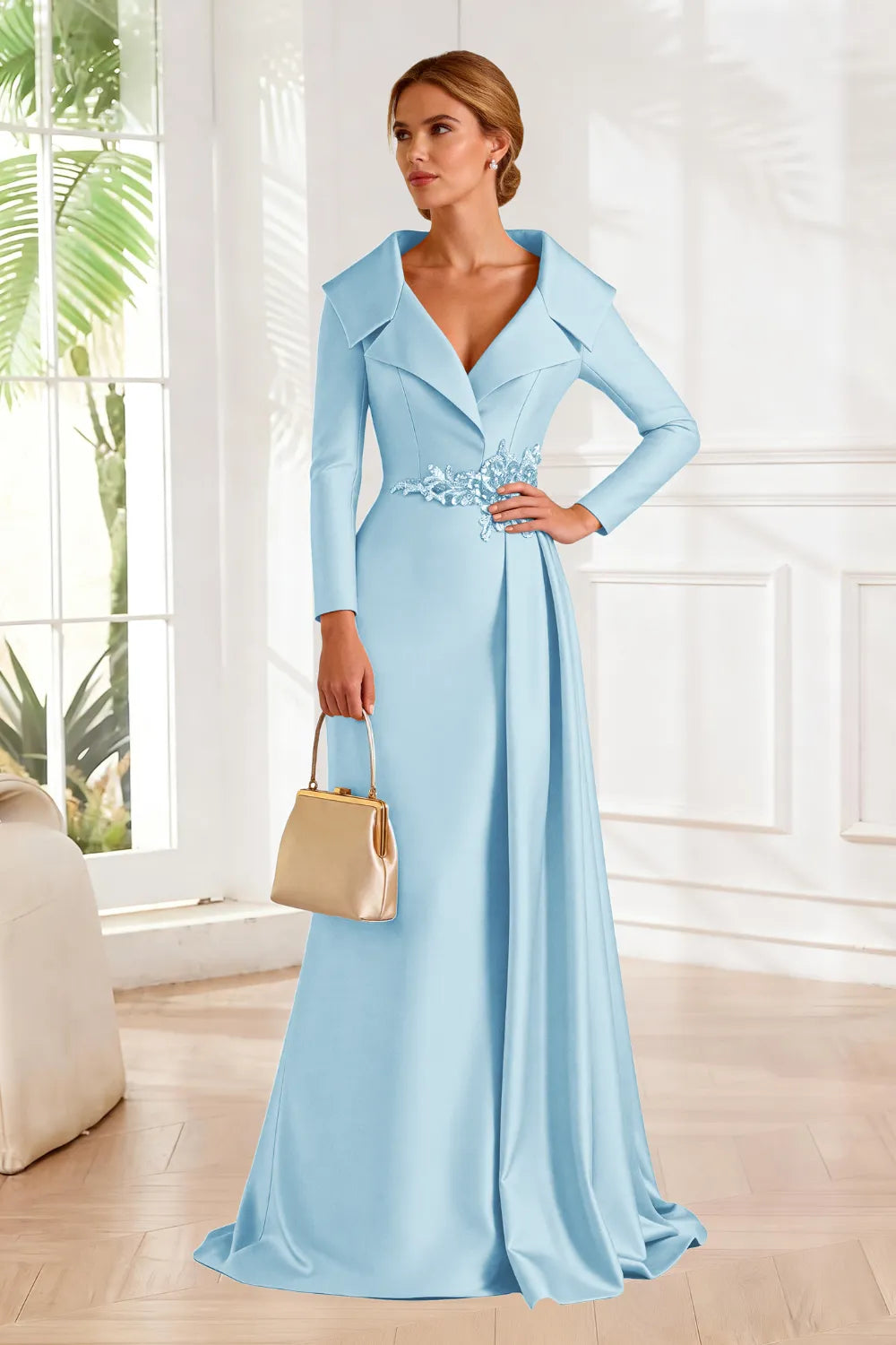 Structured Lapel Embroidered Draped Evening Gown